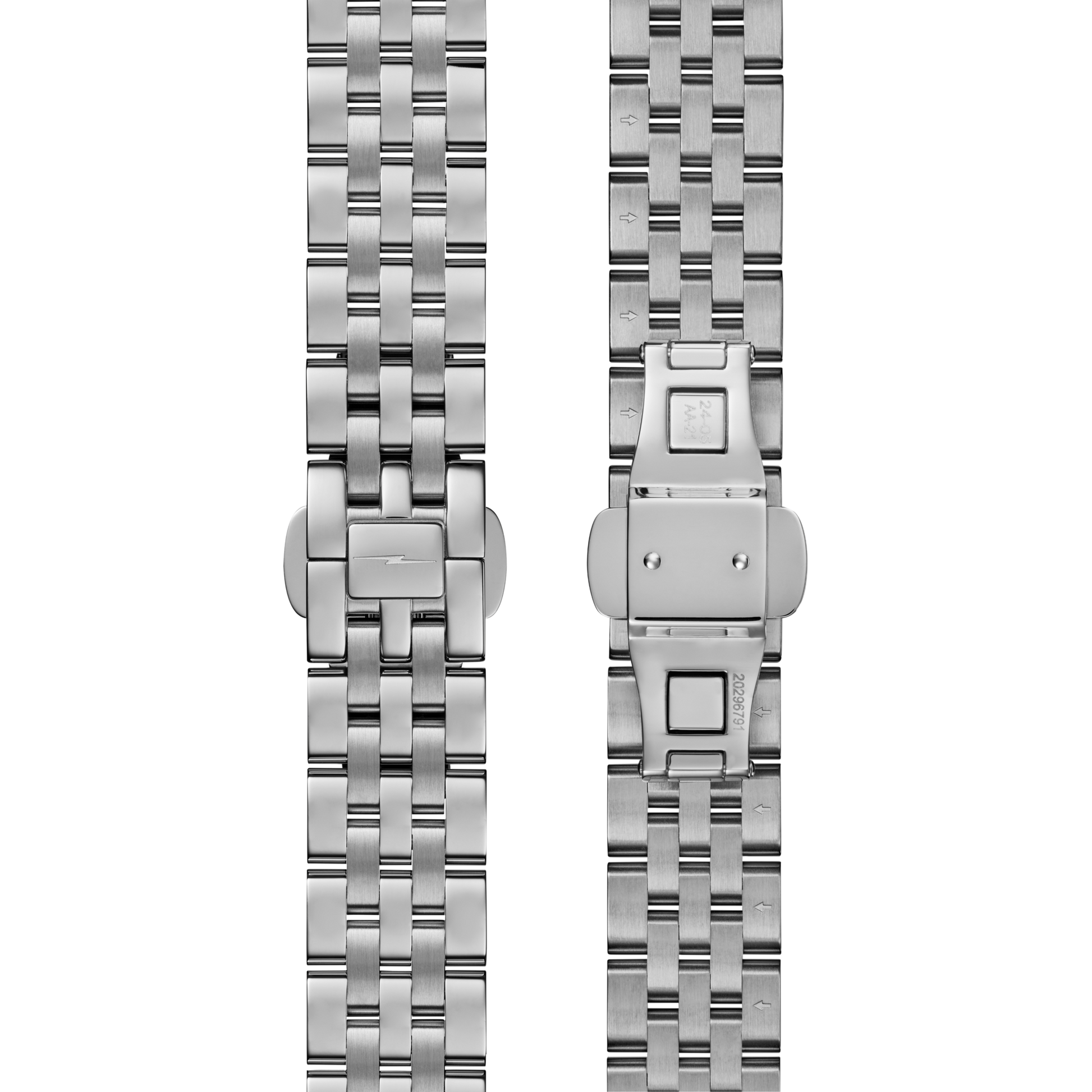 Two views of the Shinola Circadian Monster Automatic Watch - Daylight Blue bracelet: the left shows the stainless steel outer with clasp; the right reveals its inner deployment mechanism and engraved automatic details.