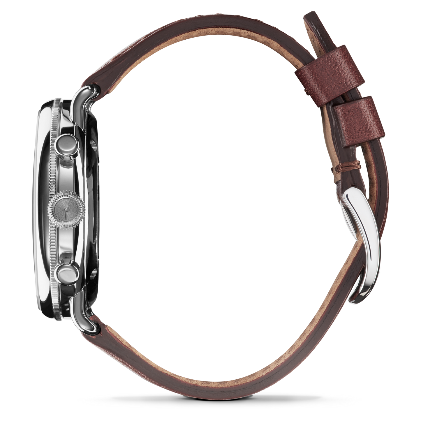 A side view of the Shinola Canfield 2 Eye Chrono - Black, a stainless steel watch with a round silver case, two pushers, a knurled crown, and a brown leather strap with silver buckle, shown on a white background.