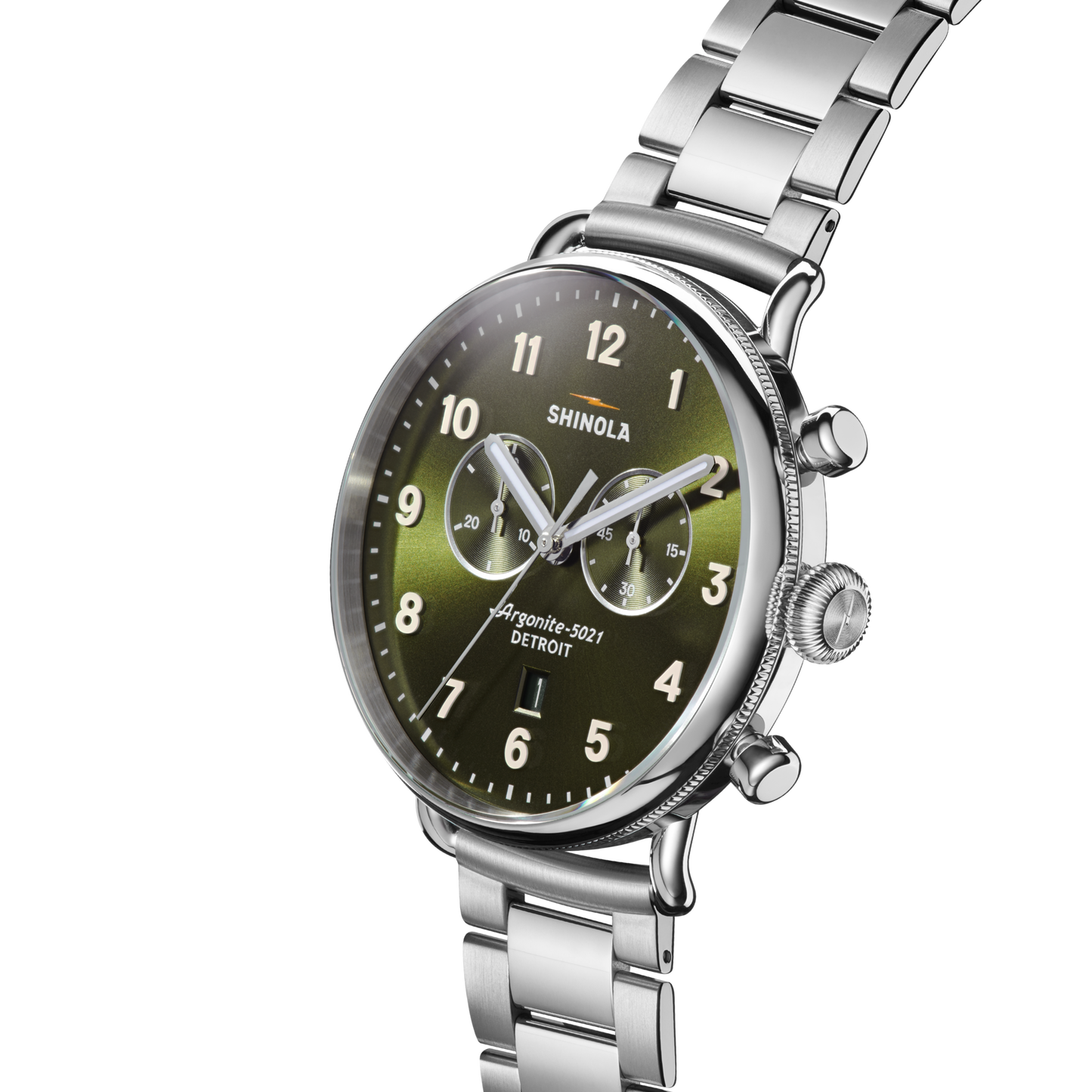 The Shinola Canfield Chronograph Watch - Dark Olive features a stainless steel case and bracelet, dark olive dial, and white Arabic numerals.