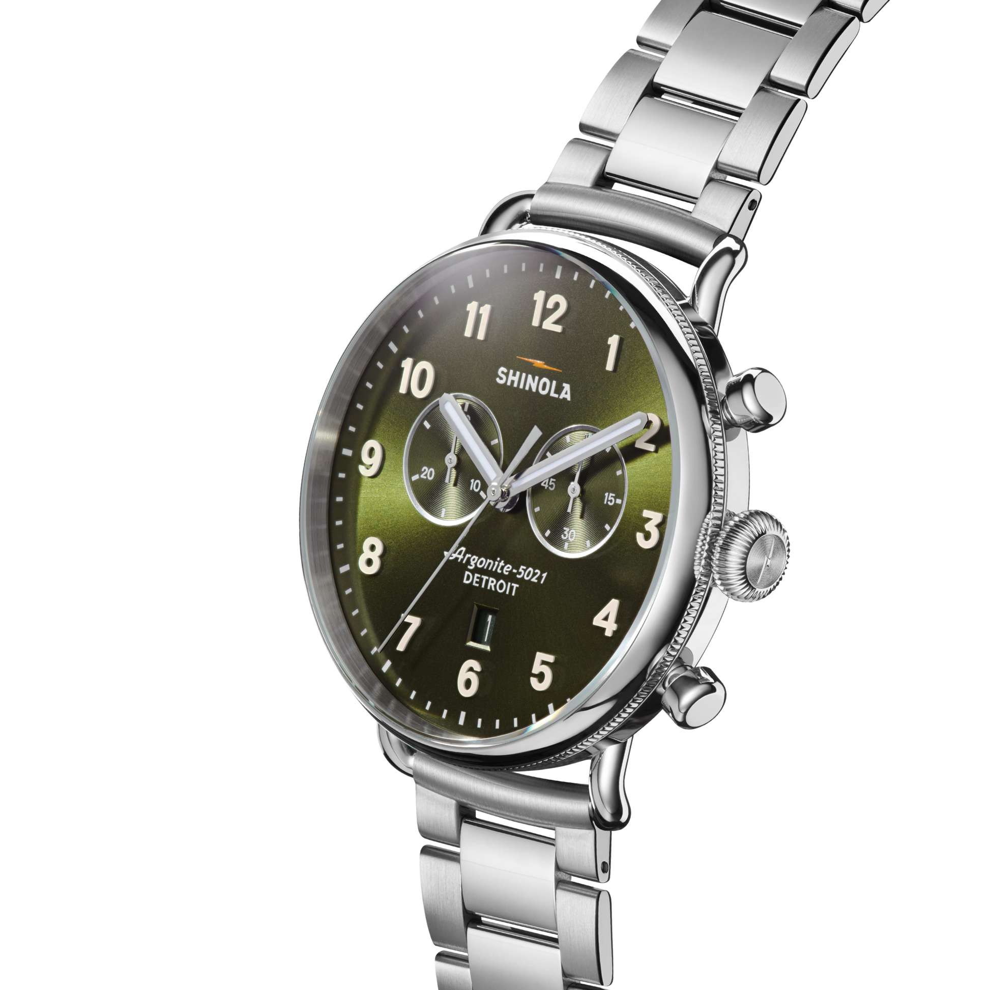 The Shinola Canfield Chronograph Watch - Dark Olive features a stainless steel case and bracelet, dark olive dial, and white Arabic numerals.