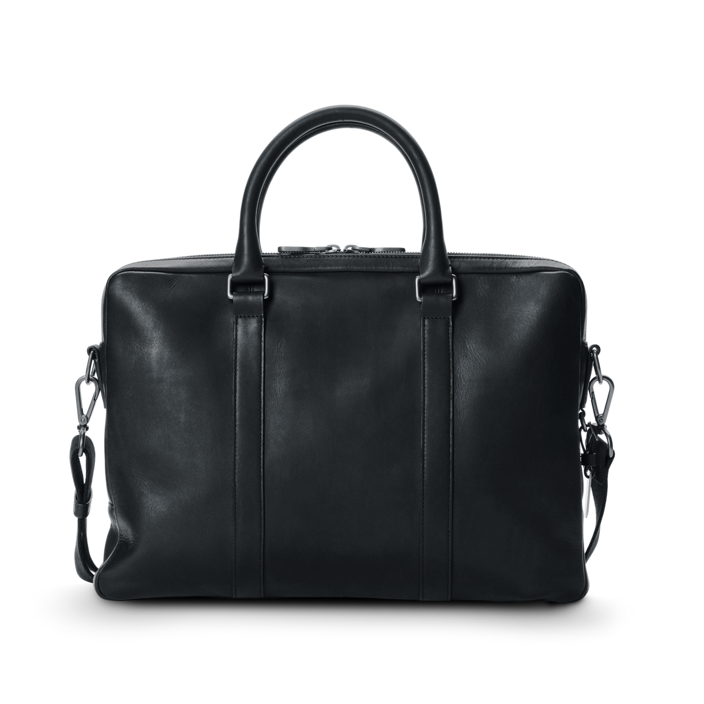 The shinola.momputer Briefcase - Black features two handles, a zippered top, and an adjustable, detachable shoulder strap. It is displayed against a plain white background.