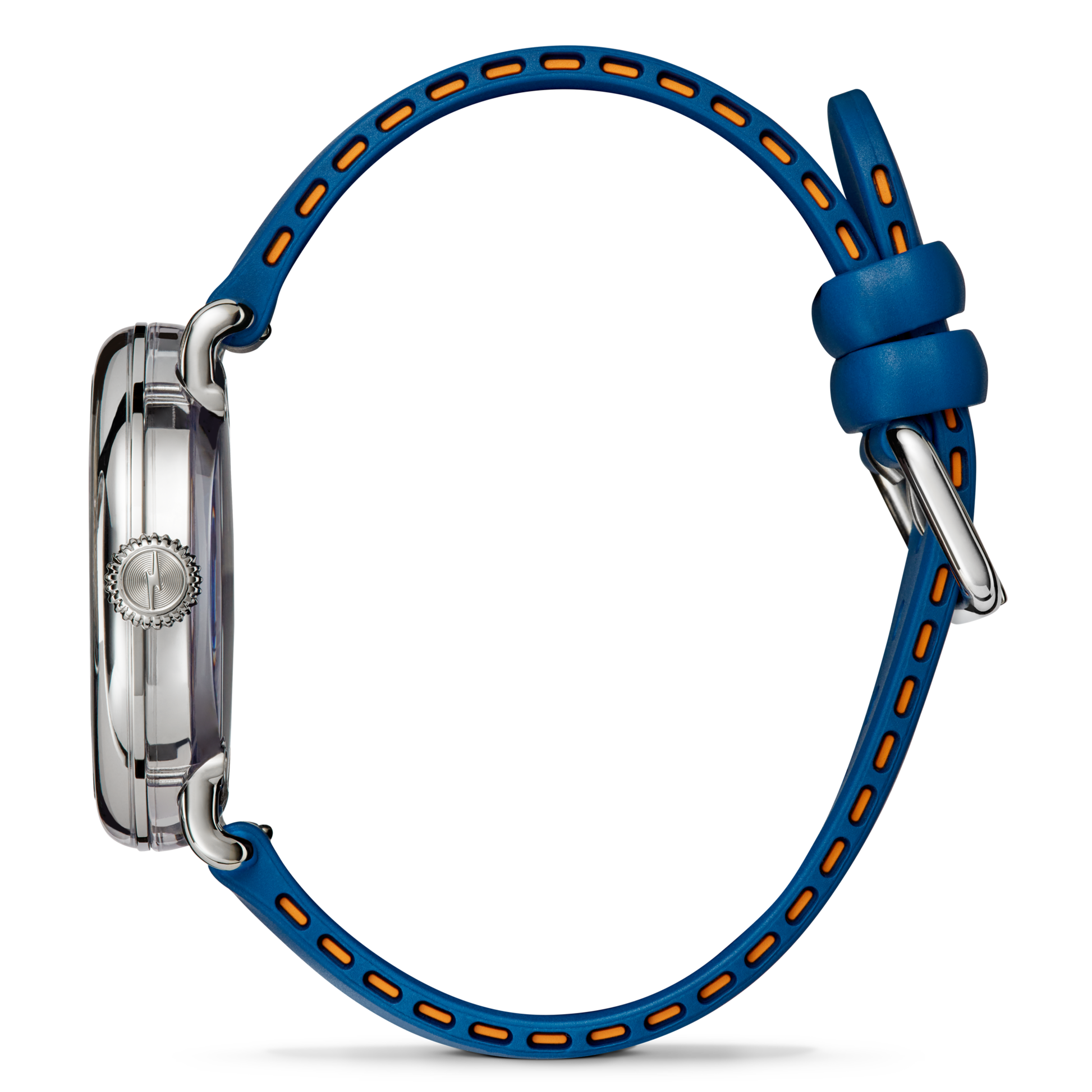Side view of the Shinola Detrola Watch - Denim Blue, featuring a silver case and blue strap with orange accents and a silver buckle, shown against a plain white background.