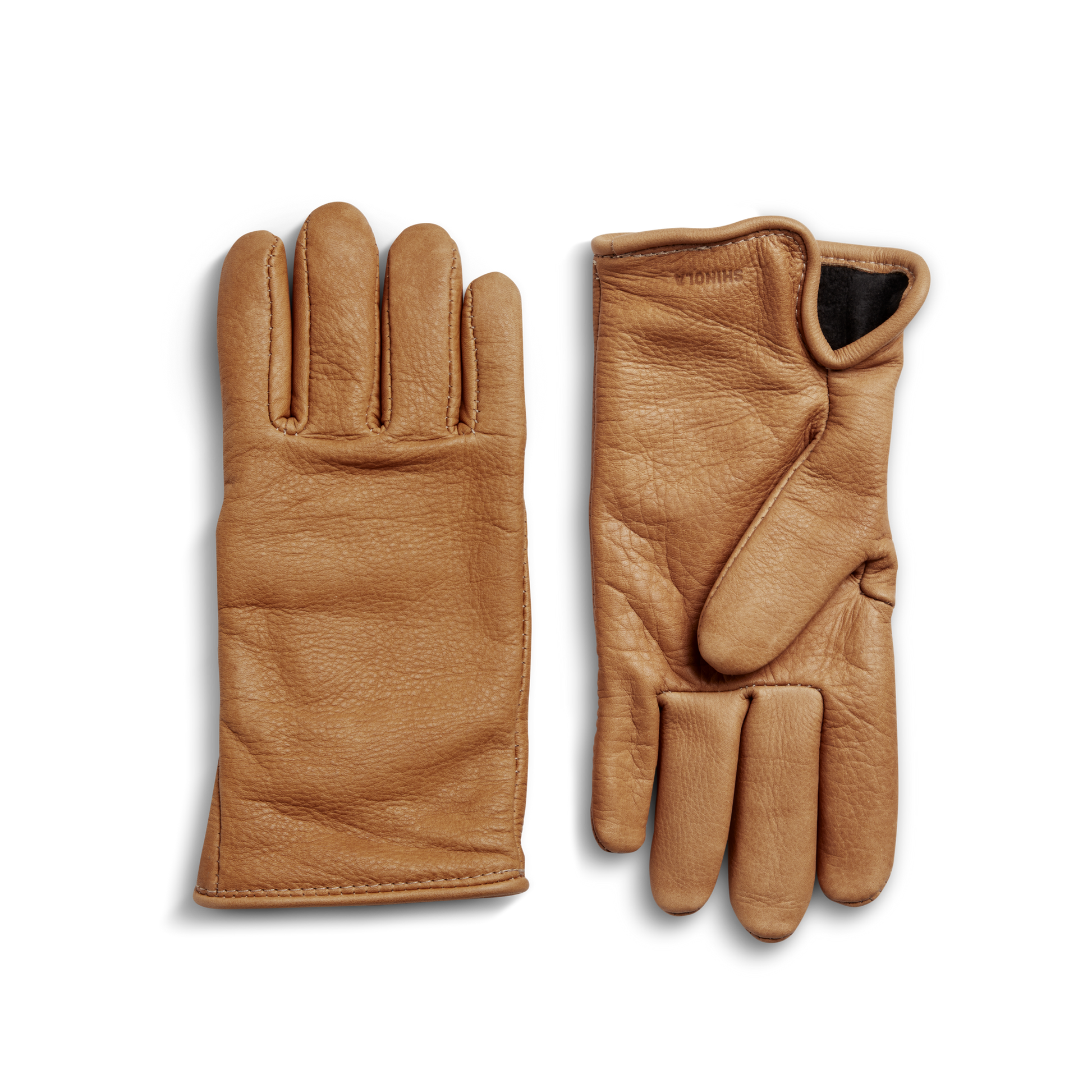 A pair of Shinola Lined Leather Gloves in black, made in the USA, displayed on a white background.