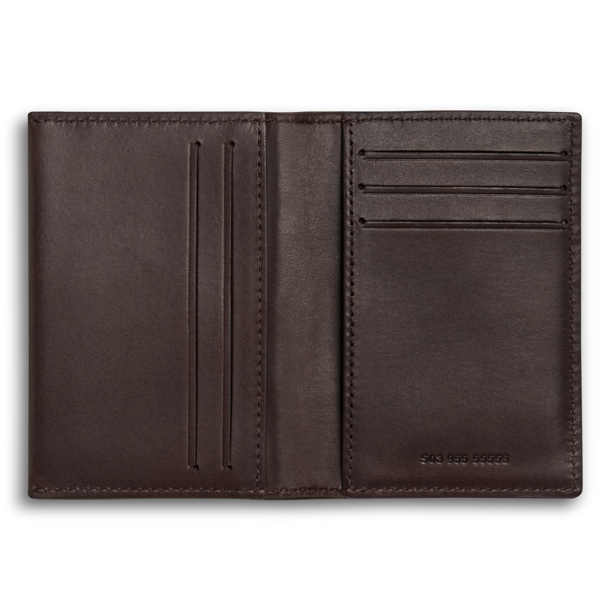 The Shinola Folded Card Holder Wallet - Dark Brown is displayed open, revealing multiple card slots on both sides against a plain white background.
