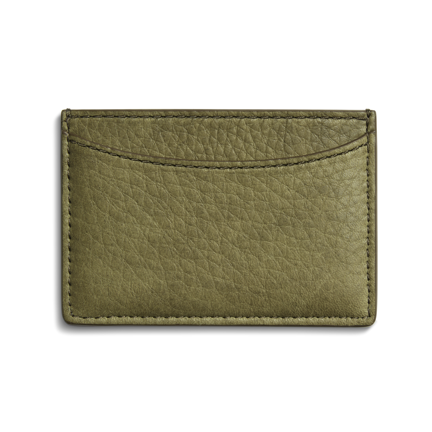 The Shinola Leather 3 Pocket Card Case in olive features textured leather, visible stitching, and three pockets. Shown against a plain white background.