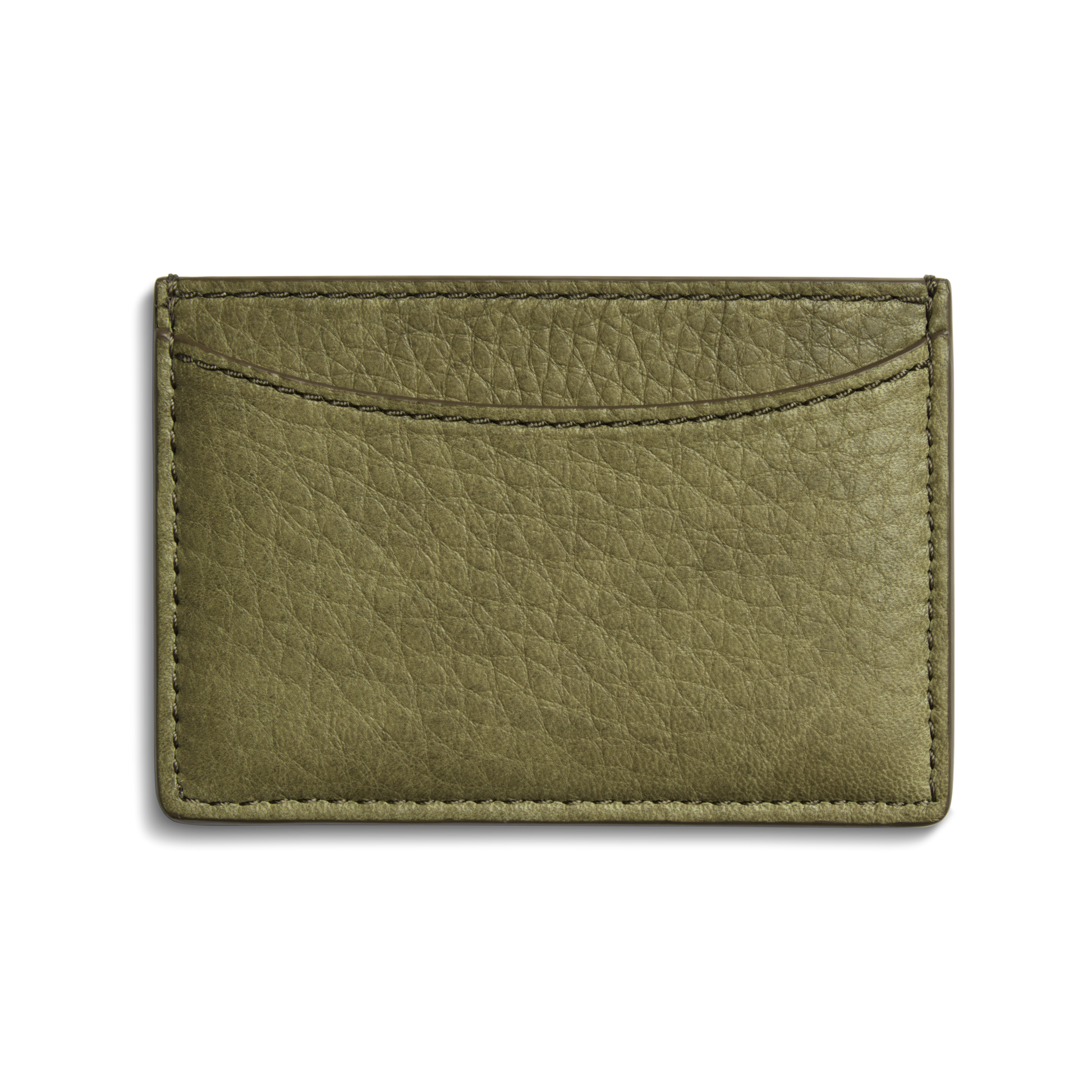 The Shinola Leather 3 Pocket Card Case in olive features textured leather, visible stitching, and three pockets. Shown against a plain white background.