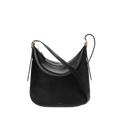 The Shinola Medium Bixby Crossbody - Black features a curved, slouchy shape in natural leather with gold-tone hardware and two adjustable straps, displayed against a plain white background.