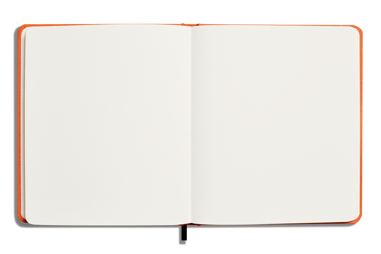 A Shinola Large Hard Plain Sketchbook in Bold Orange, featuring blank 100lb paper, lies open on a white background with a black ribbon bookmark showing at the bottom center.