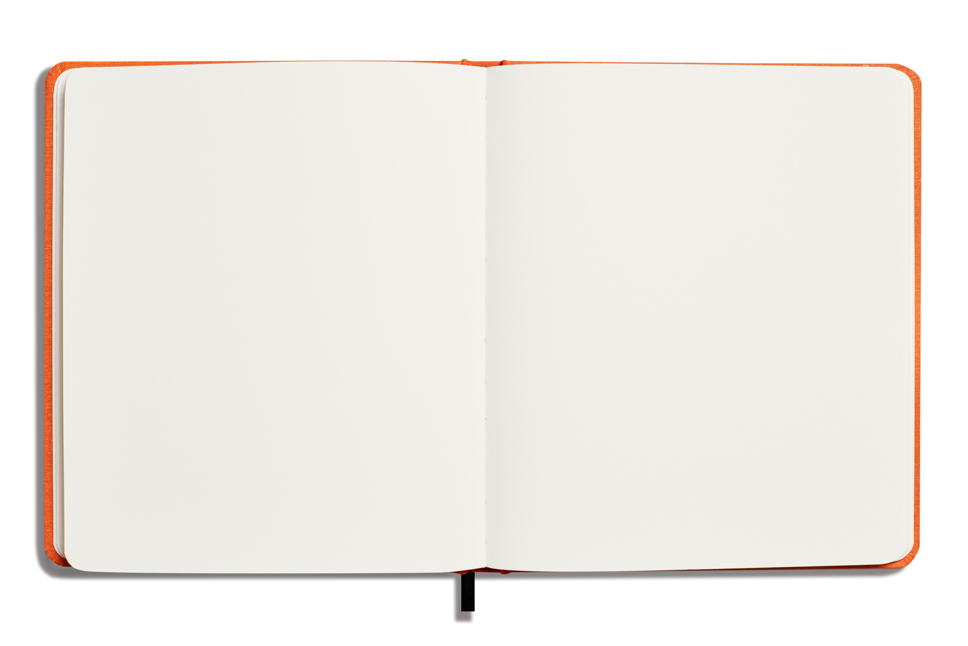 A Shinola Large Hard Plain Sketchbook in Bold Orange, featuring blank 100lb paper, lies open on a white background with a black ribbon bookmark showing at the bottom center.