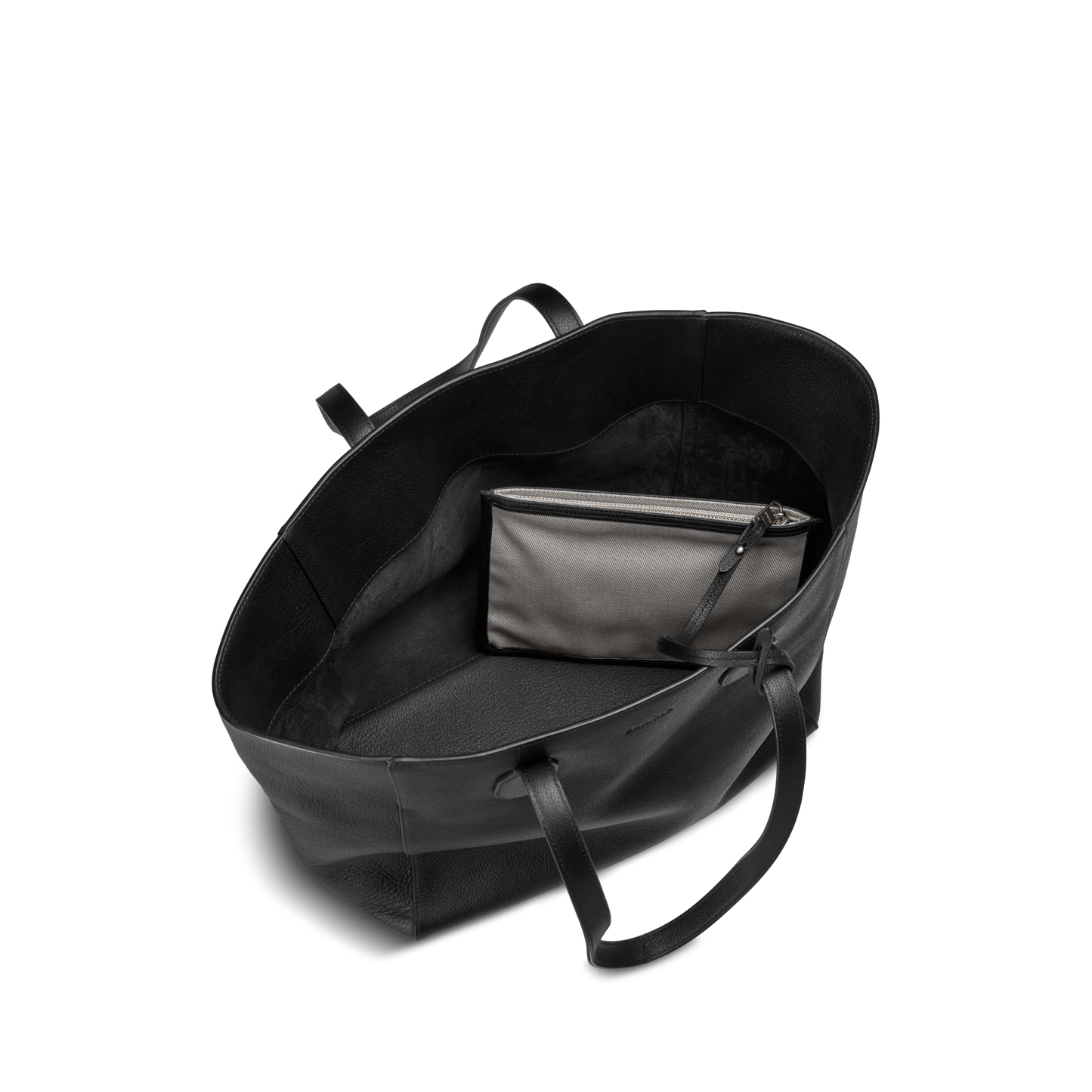 The Shinola Runabout Tote Bag - Black is shown open, featuring black pebbled leather, two handles, a spacious interior, and a lightweight detachable gray zipper pouch inside.