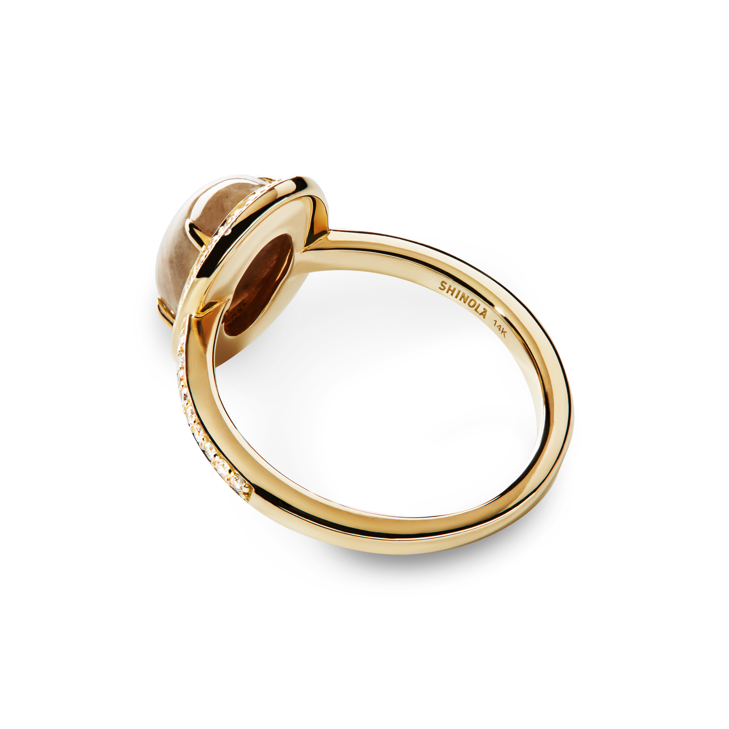 The Shinola Petite Diamond Pave Petoskey Oval Ring in 14k yellow gold features an oval Petoskey stone with diamond pavé on one side and "SHINOLA 14K" engraved inside.