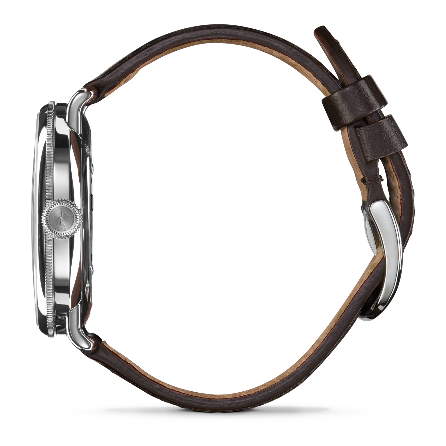 A side view of the Shinola Canfield Watch - Dark Olive shows its round stainless steel case, textured crown, and brown leather strap with buckle closure, displayed against a plain white background.