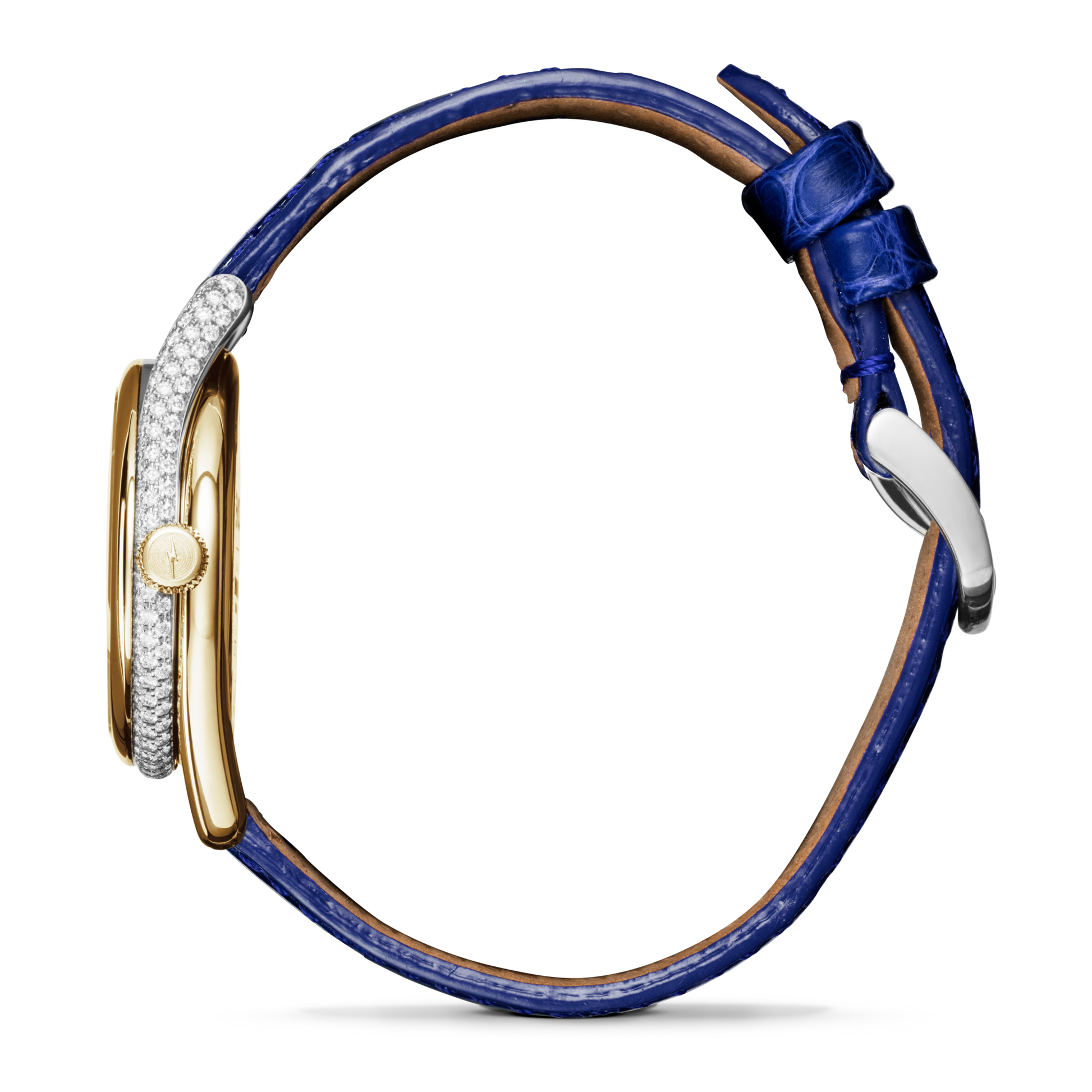 A side view of the Shinola Diamond Derby Watch features a two-tone case with diamond accents and a sapphire alligator strap with buckle clasp, set against a plain white background.