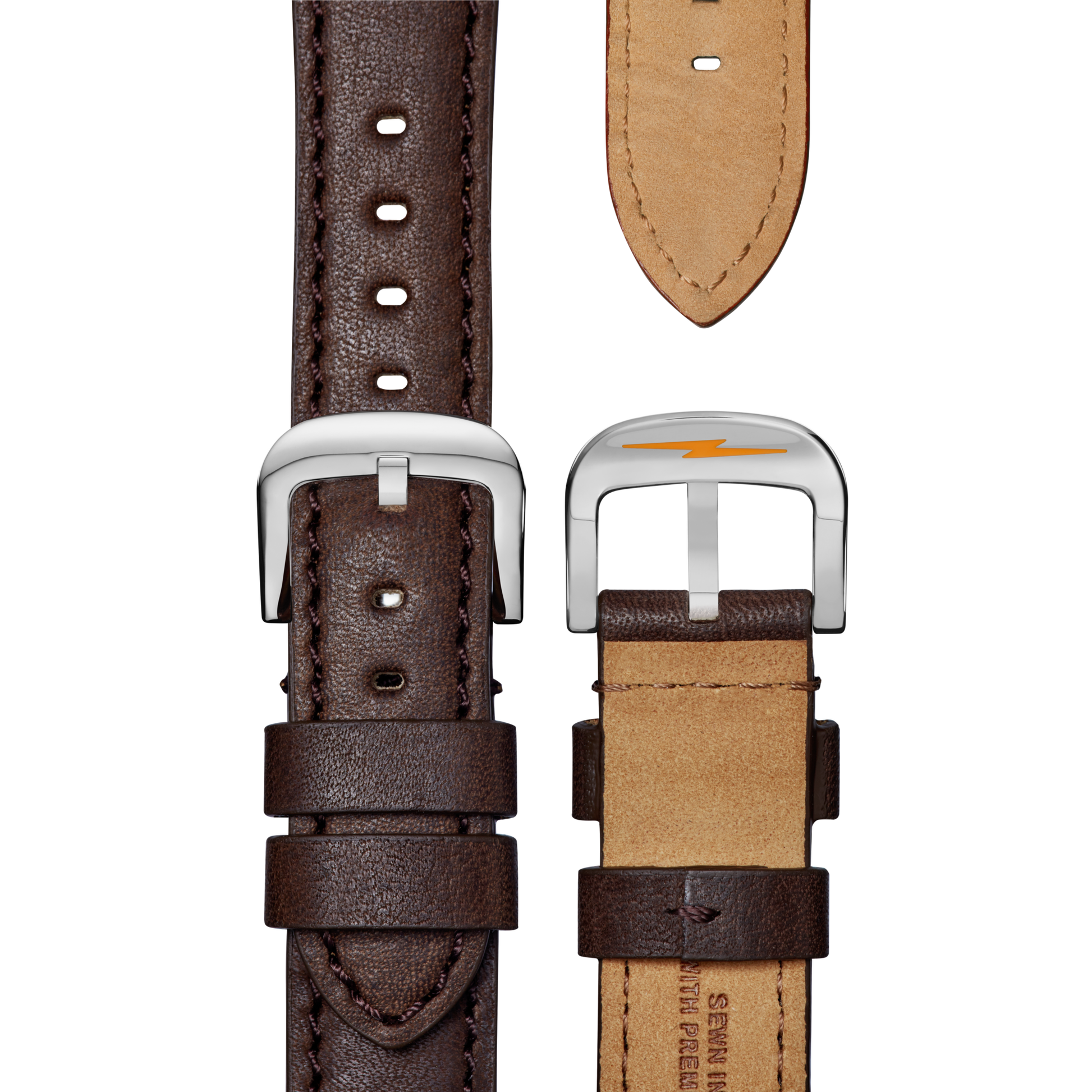 A brown leather strap with contrasting stitching and a silver buckle featuring a small orange lightning bolt perfectly complements the Shinola Canfield Watch - Dark Olive and its stainless steel case.