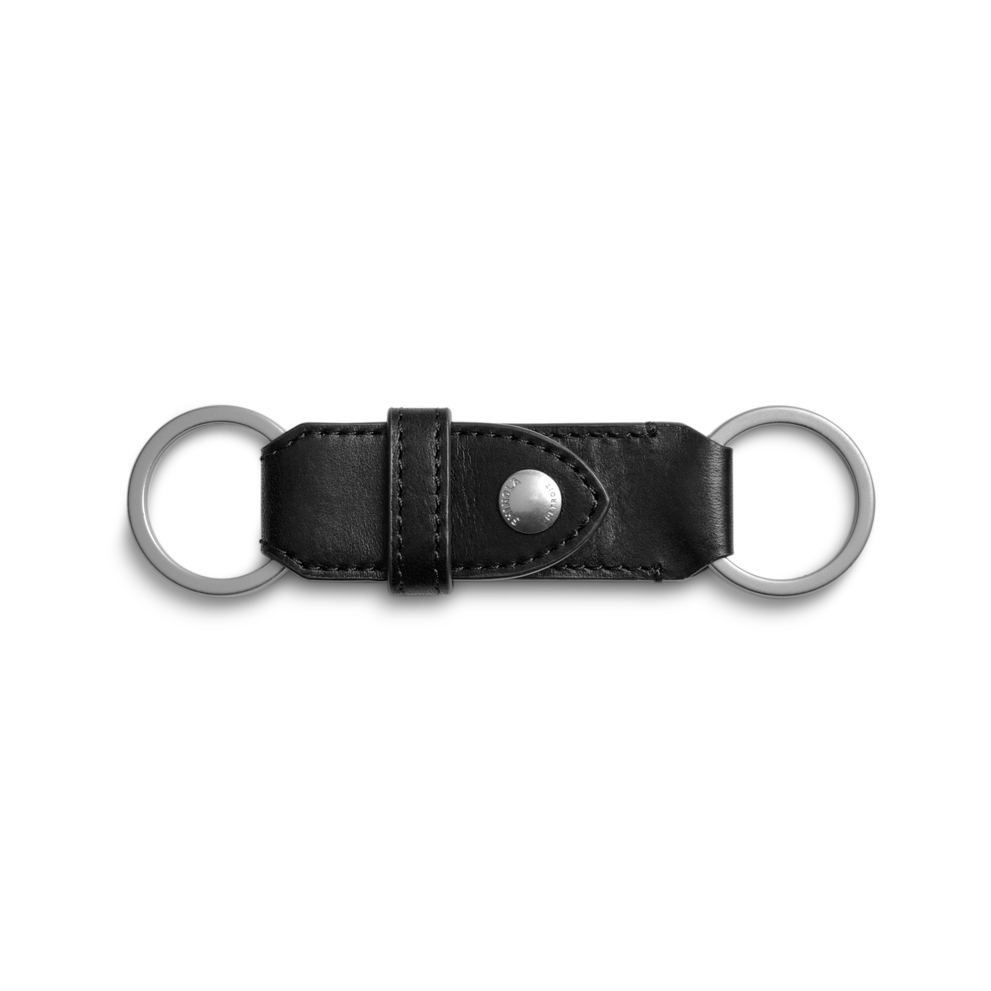 The Shinola Leather Valet Key Fob - Black features two metal key rings at each end and a central snap button, shown against a plain white background.
