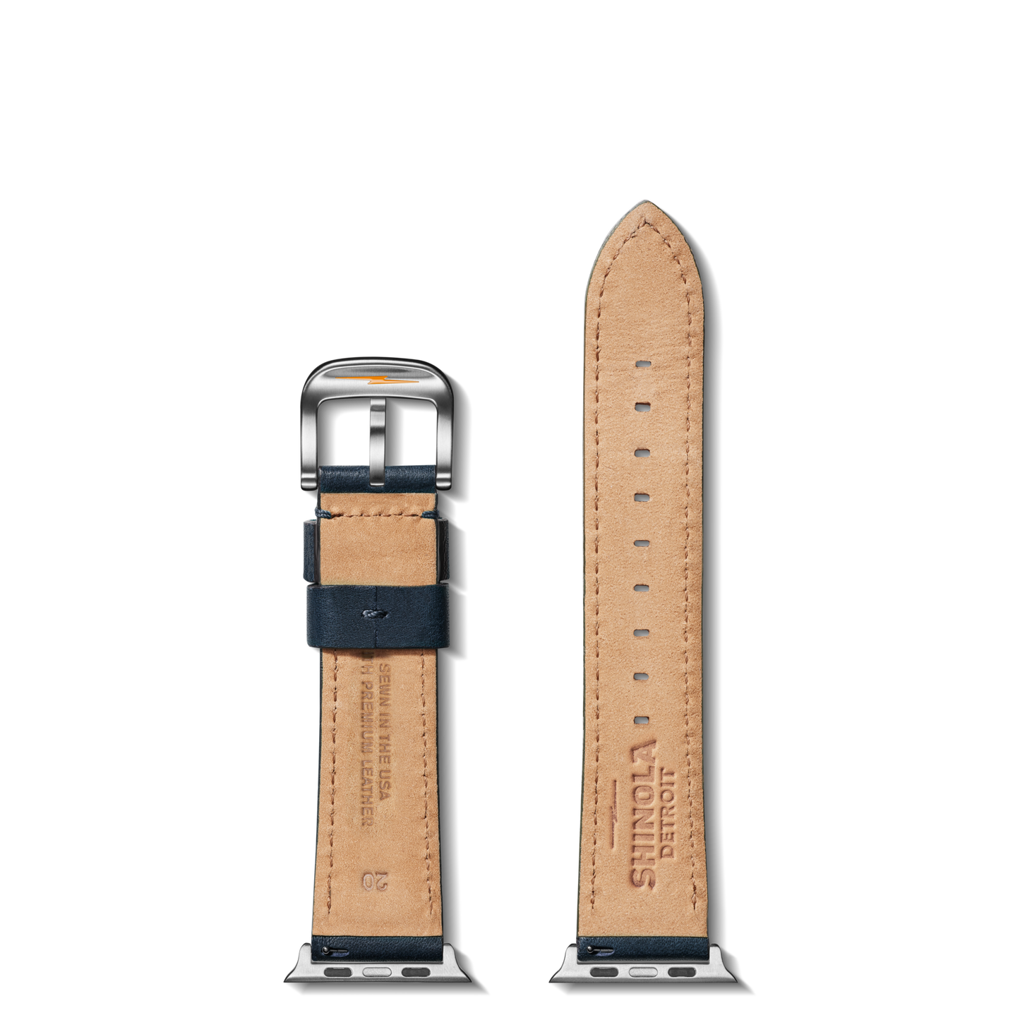 The Shinola Strap: 20/18 Blarney, SW RR Classic, Silver - Navy features two leather pieces: navy top sides, tan undersides, a metal buckle on one piece, and connectors for easy smartwatch attachment.