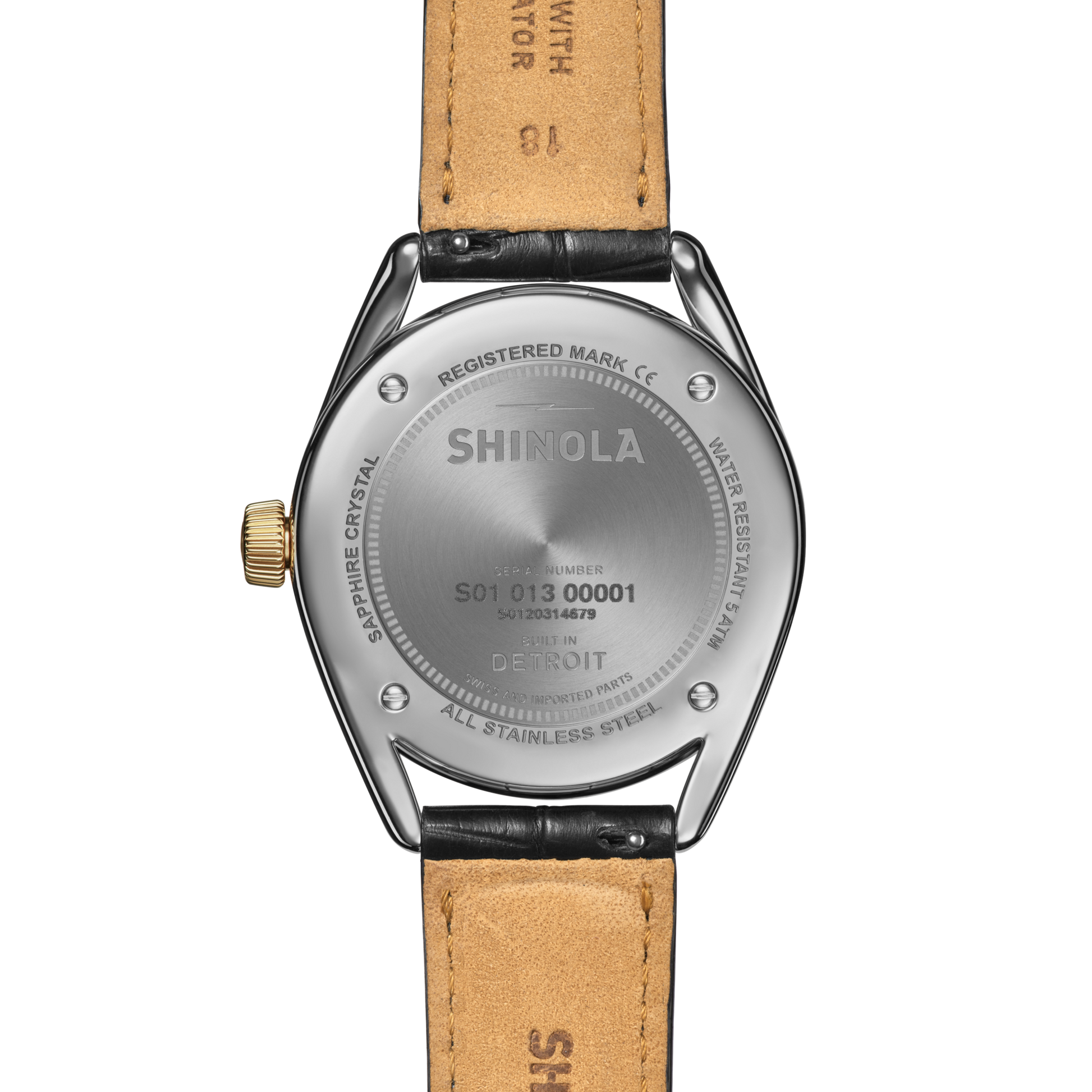 The back of the Shinola Celestial Derby Watch features a brown leather strap and engraved stainless steel case—a refined pairing for any watch, especially the Black Mother of Pearl Diamond model.