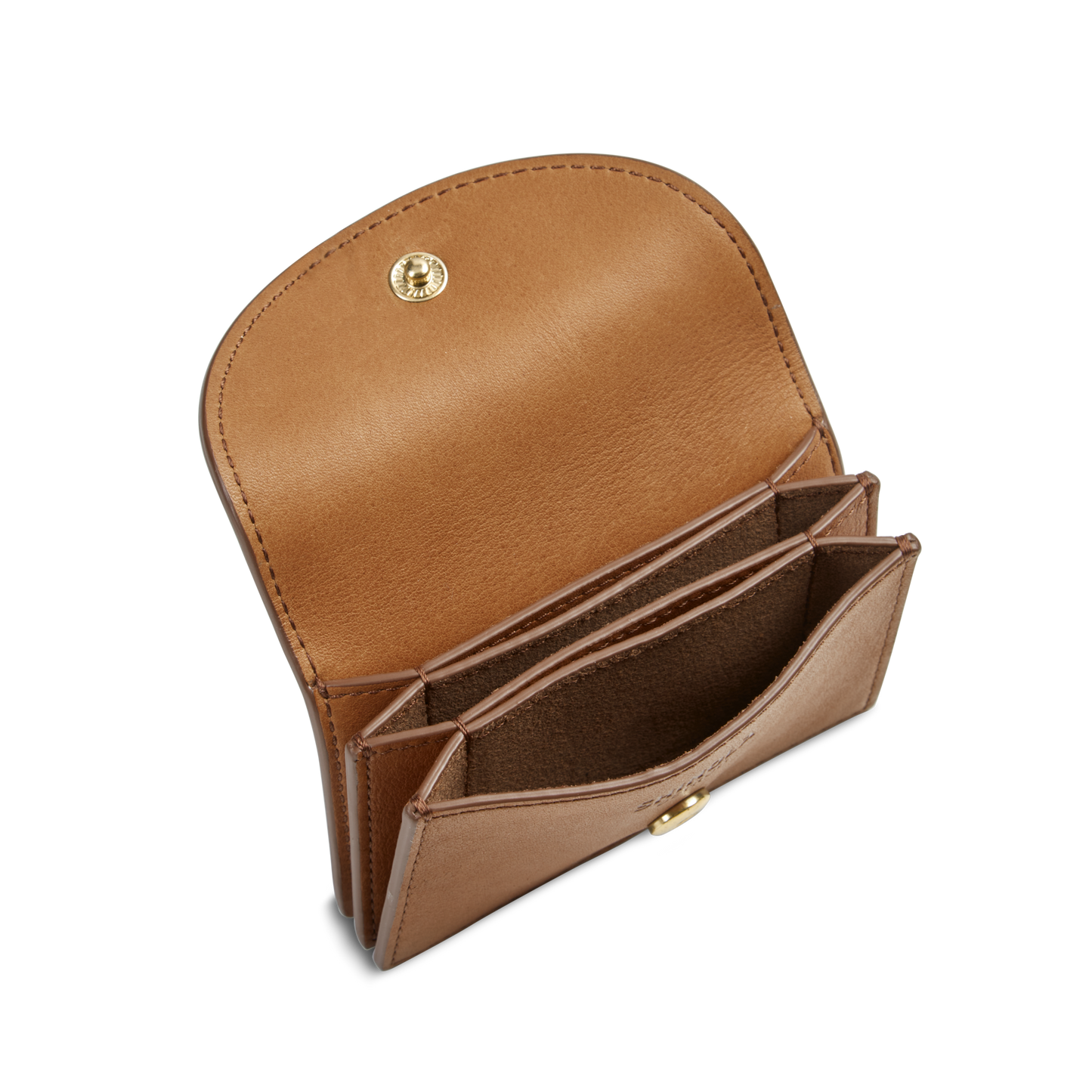 The Shinola Birdy Accordion Card Holder in tan natural leather features an open flap, gold snap button, and multiple compartments for cards, cash, or coins. Photographed on a plain white background.
