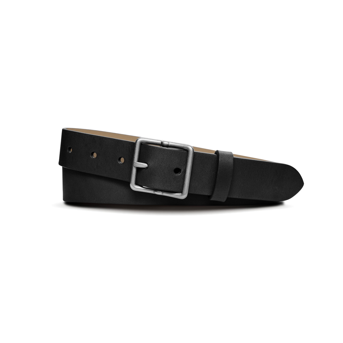 The Shinola 1 1/4" Center Bar Buckle Belt in Black is crafted from USA Heritage leather with a rectangular silver buckle, showcasing timeless design against a white background.