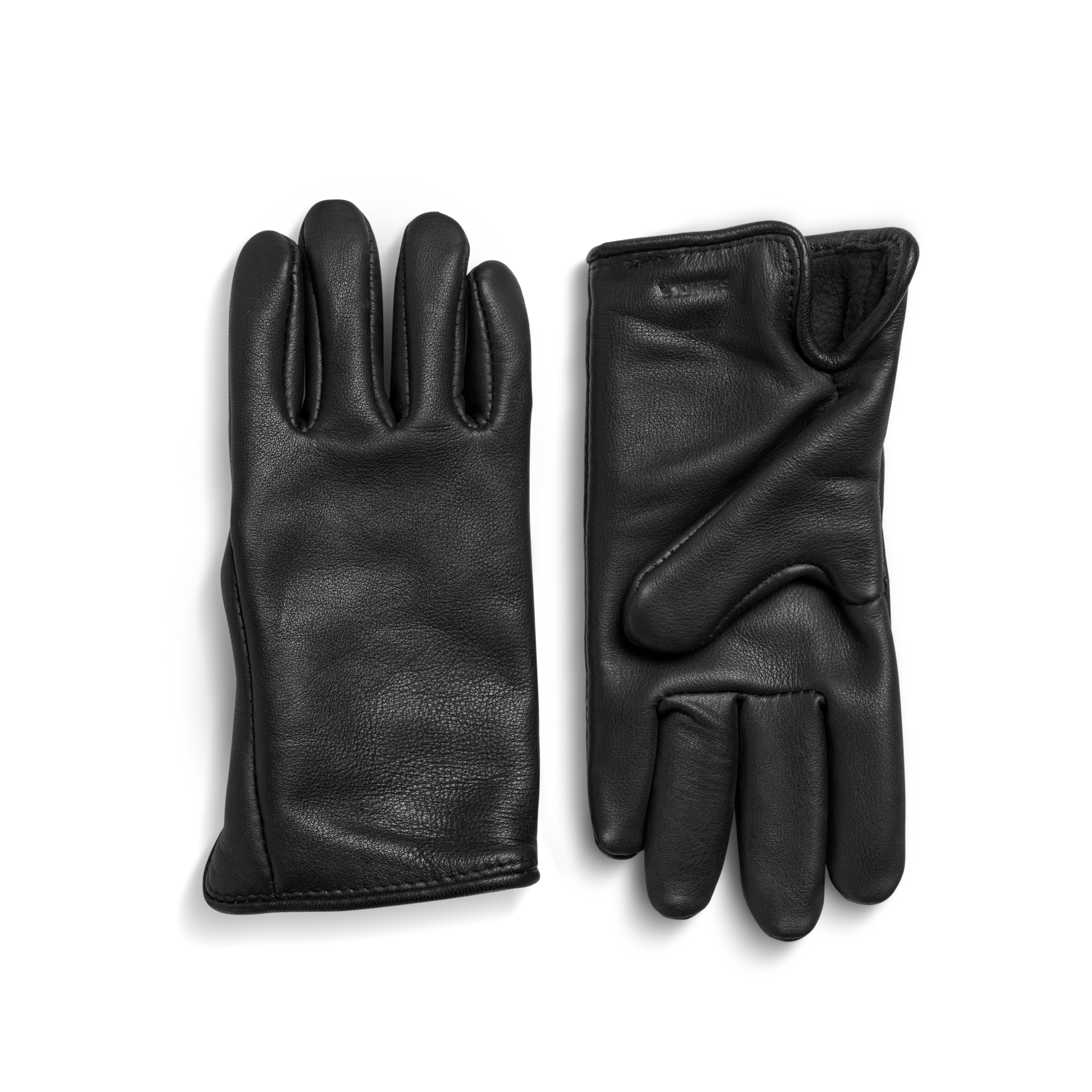 Shinola’s Lined Leather Gloves - Black are shown on a white background, with one glove palm up and the other palm down.