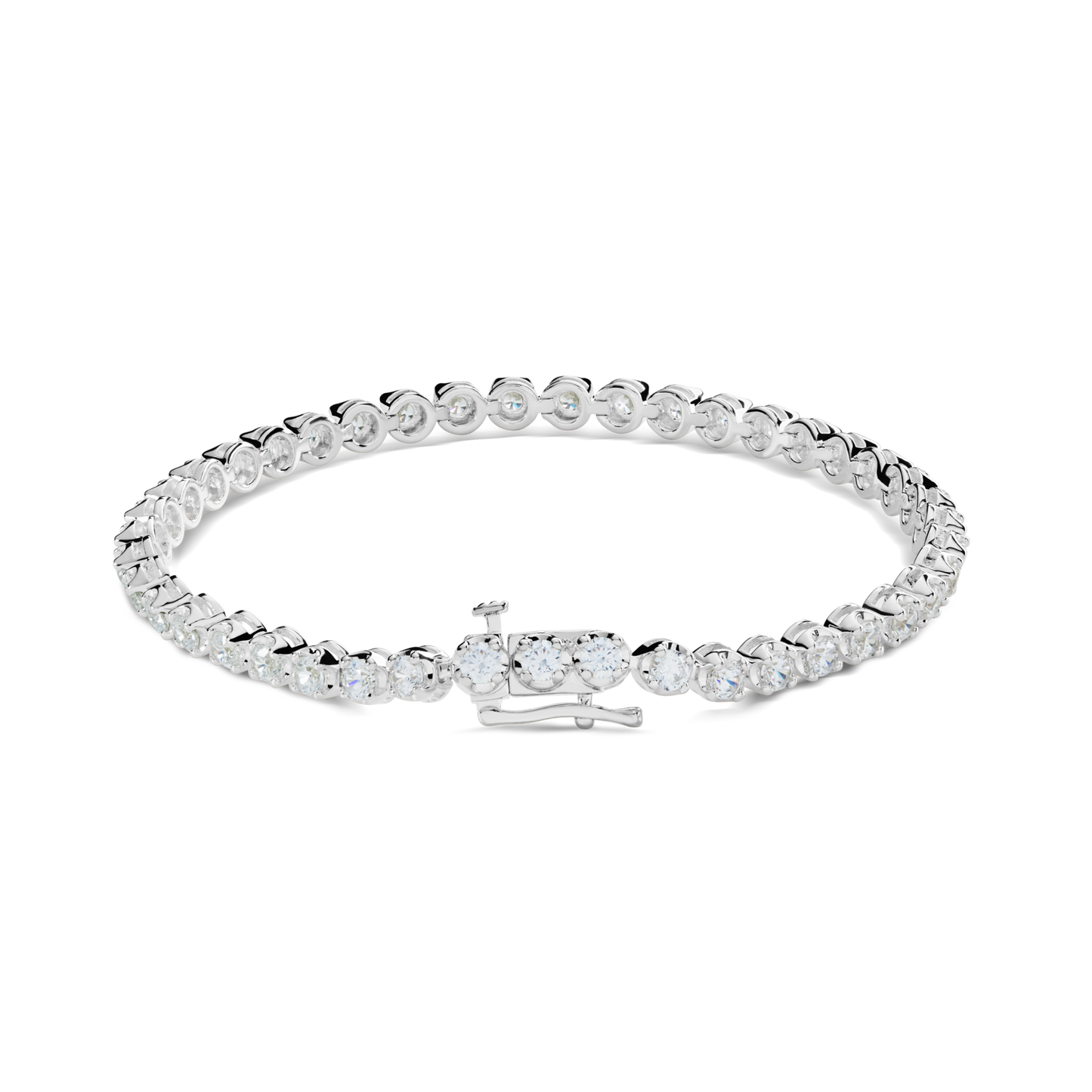 The Shinola 4 Carat 7" Diamond Tennis Bracelet in white gold features a single row of brilliant cut diamonds in individual prong settings, shown on a white background.