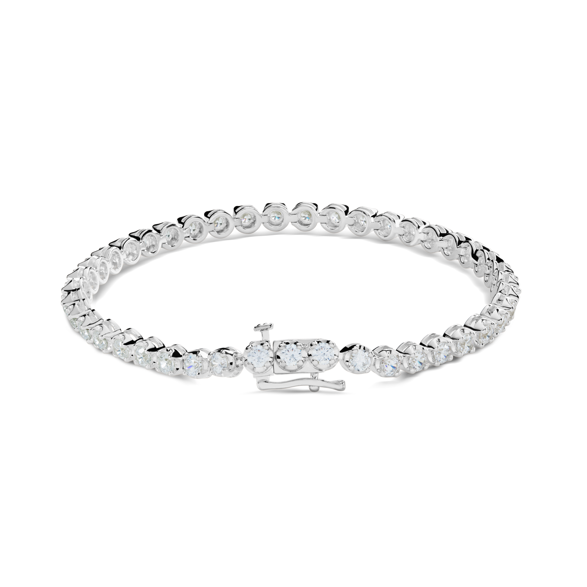 The Shinola 4 Carat 7" Diamond Tennis Bracelet in white gold features a single row of brilliant cut diamonds in individual prong settings, shown on a white background.