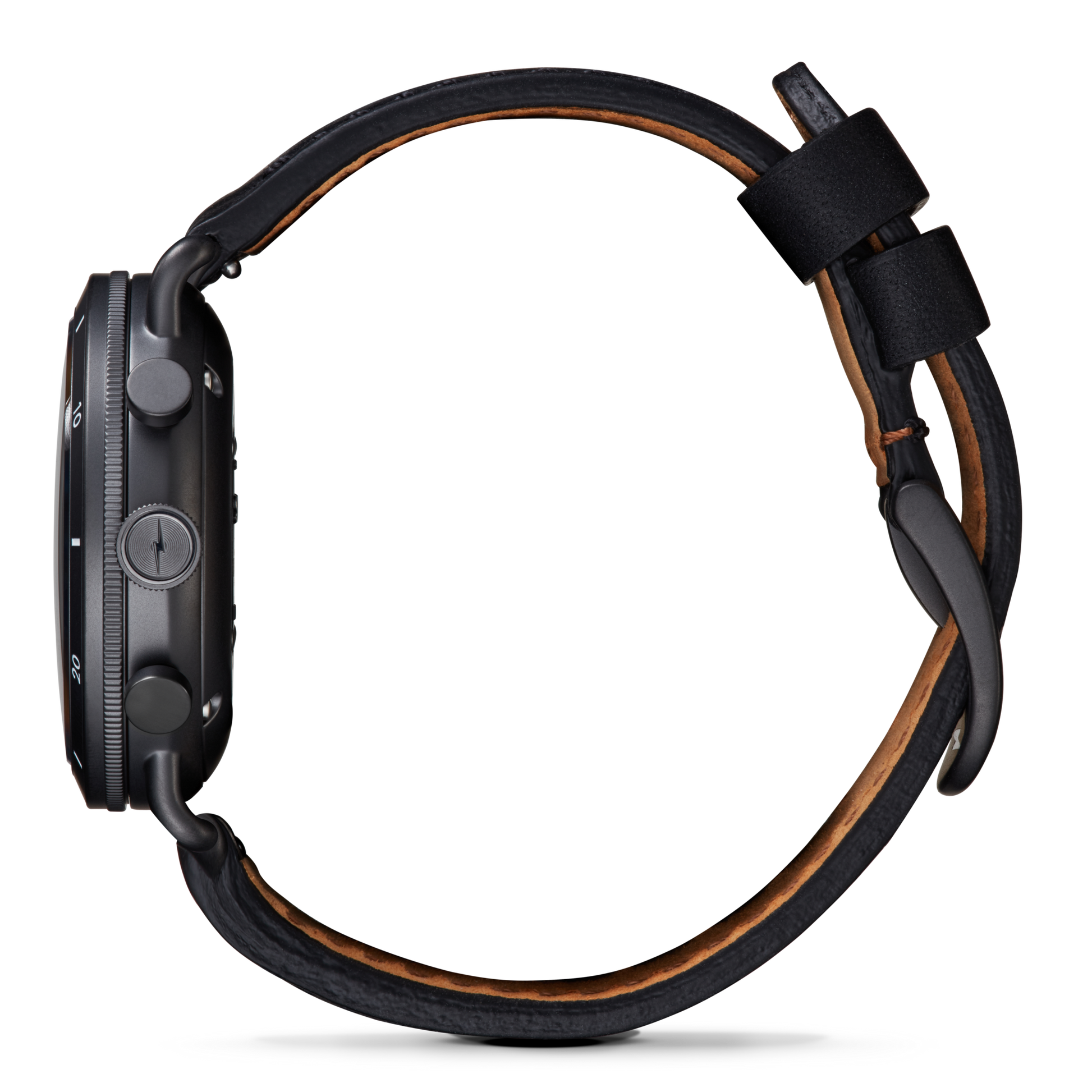 A side view of the Shinola Canfield Sport Chronograph Watch - Black Leather Strap, featuring a round face, visible buttons, gunmetal stainless steel accents, and a black leather strap with brown lining on a plain white background.