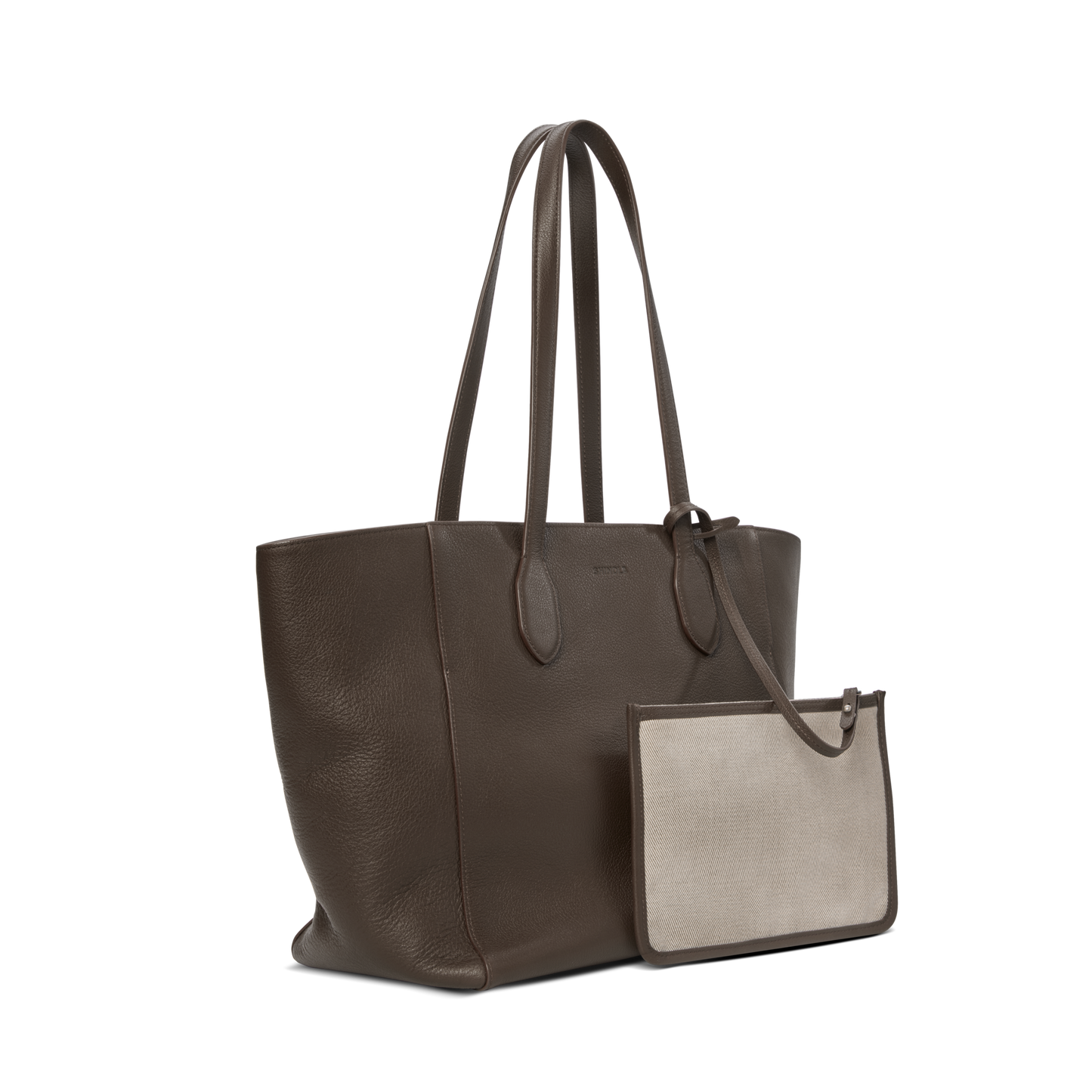The Runabout Tote Bag - Espresso by Shinola, a spacious brown pebbled leather tote with double handles, is displayed with a matching beige and brown zipper pouch in front against a white background.