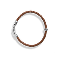 The Shinola Single Wrap Woven Leather Bracelet in tan features a sterling silver clasp and an engraved silver bead, shown on a white background.