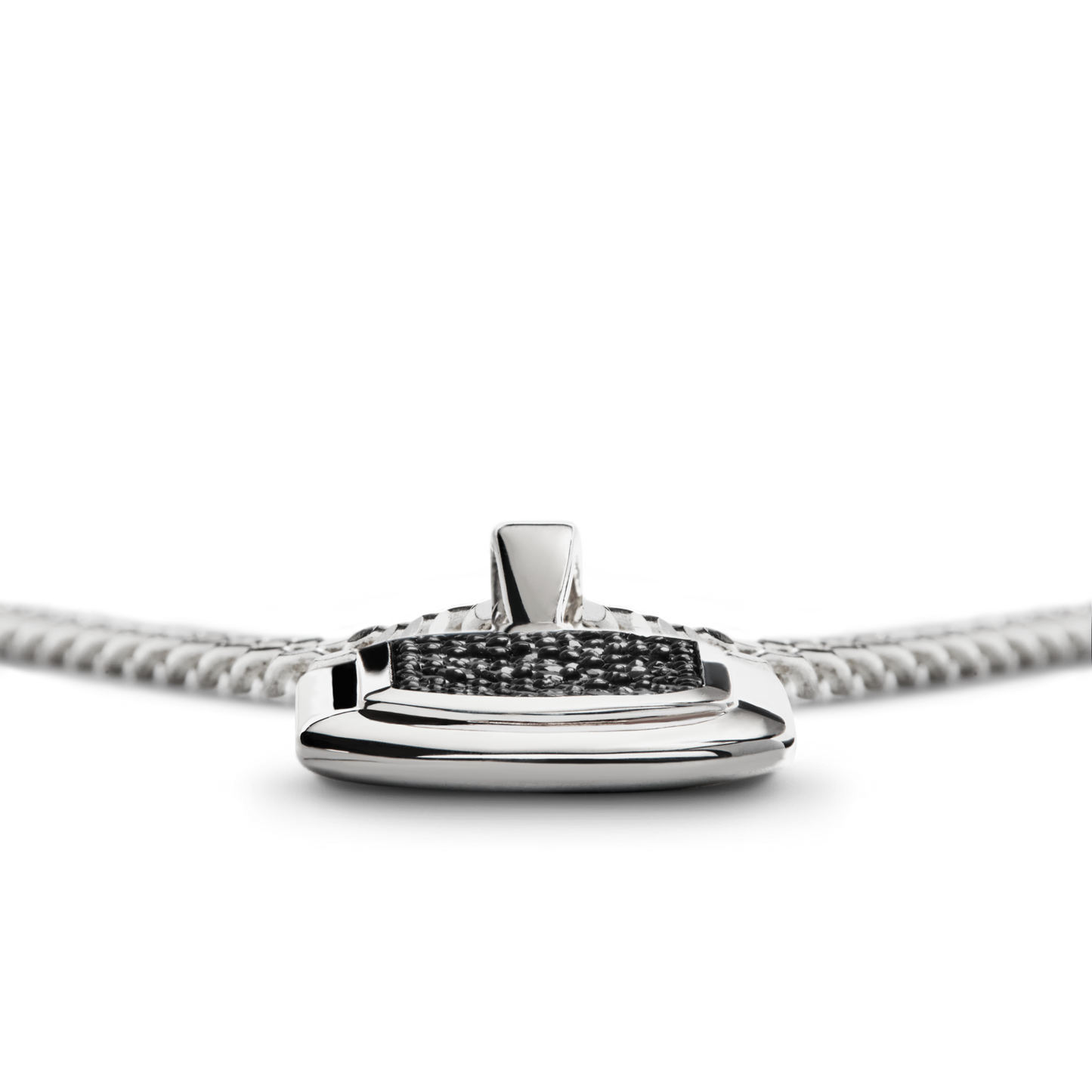 Close-up of the Shinola Onyx Tag Necklace in sterling silver, featuring a polished pendant with a central row of black onyx stones, shown against a white background.