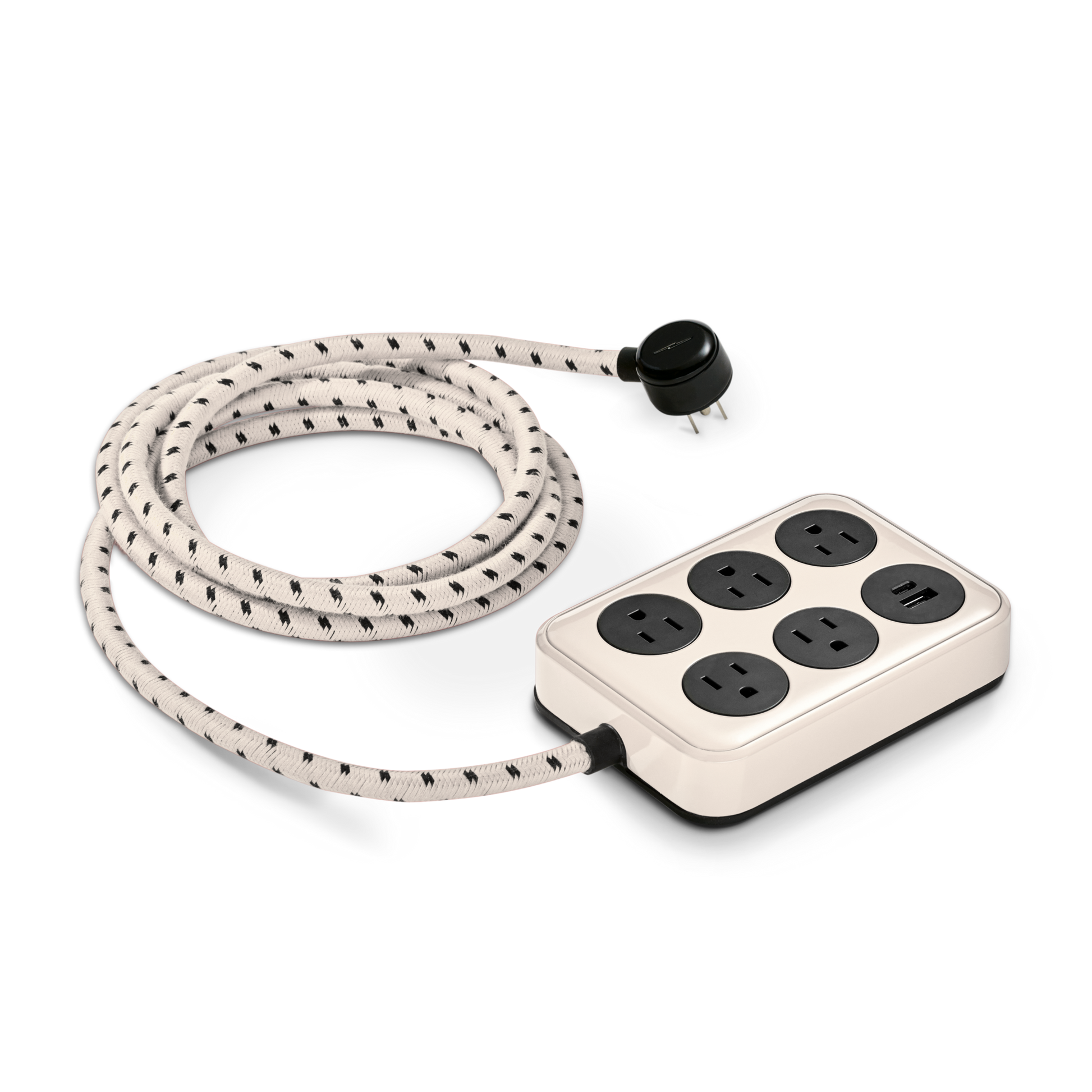 The Shinola 5 Port Power Supply - Cream features a black and white braided cord, five round outlets, two USB A/C ports, and a rectangular base, all shown on a white background.