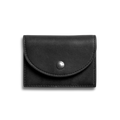The Birdy Accordion Card Holder by Shinola in black natural leather features card pockets and a curved flap with a silver snap button, showcased on a plain light gray background.