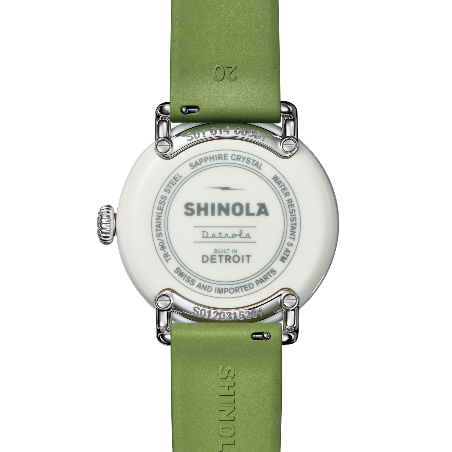 Back view of the Shinola Detrola Watch - Deep Olive featuring a green leather strap and stainless steel case back with branding, "Built in Detroit," water resistance info, and artful craftsmanship.