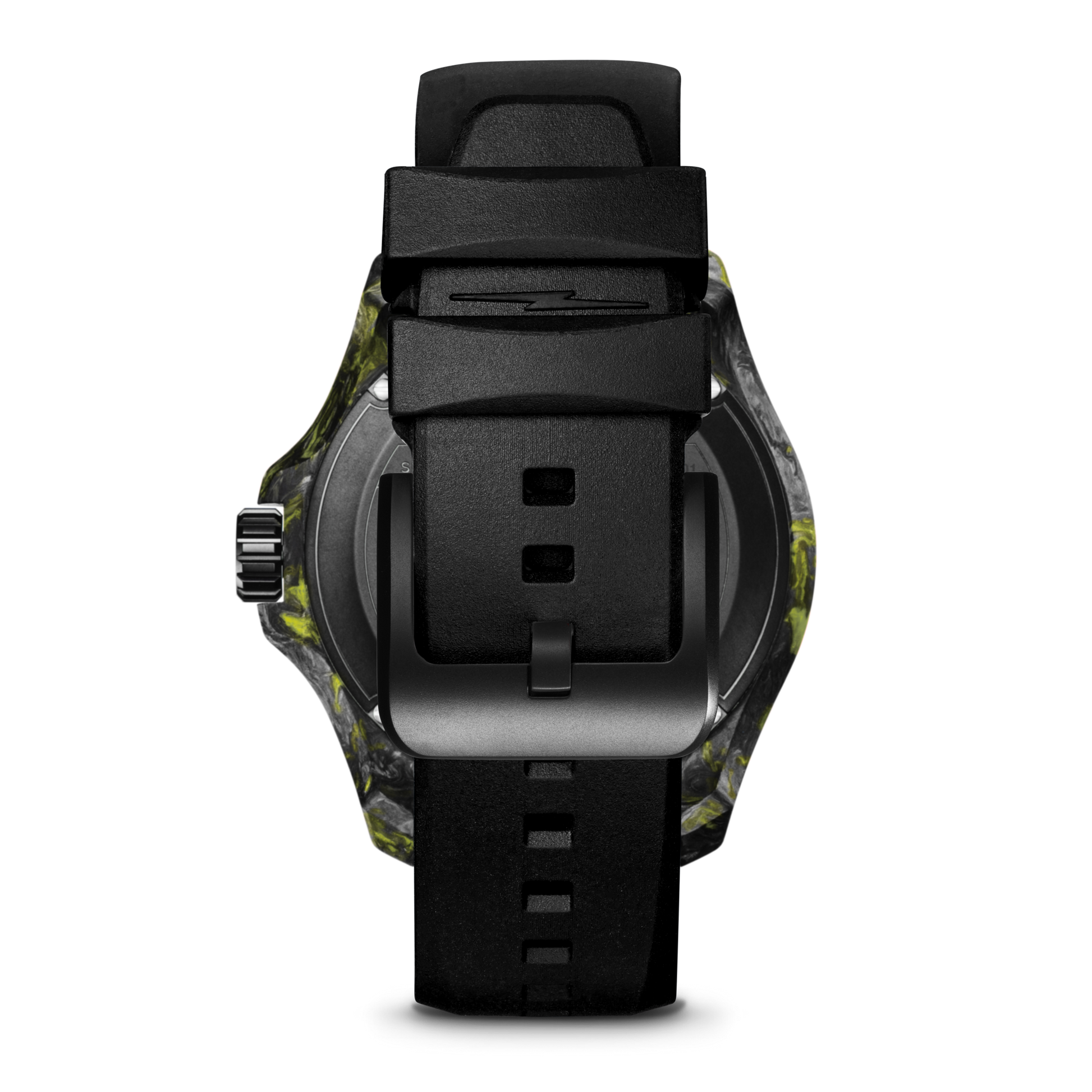 A close-up of the Shinola Forged Carbon Monster Watch displays its black rubber strap and camo-patterned forged carbon case against a plain white background.