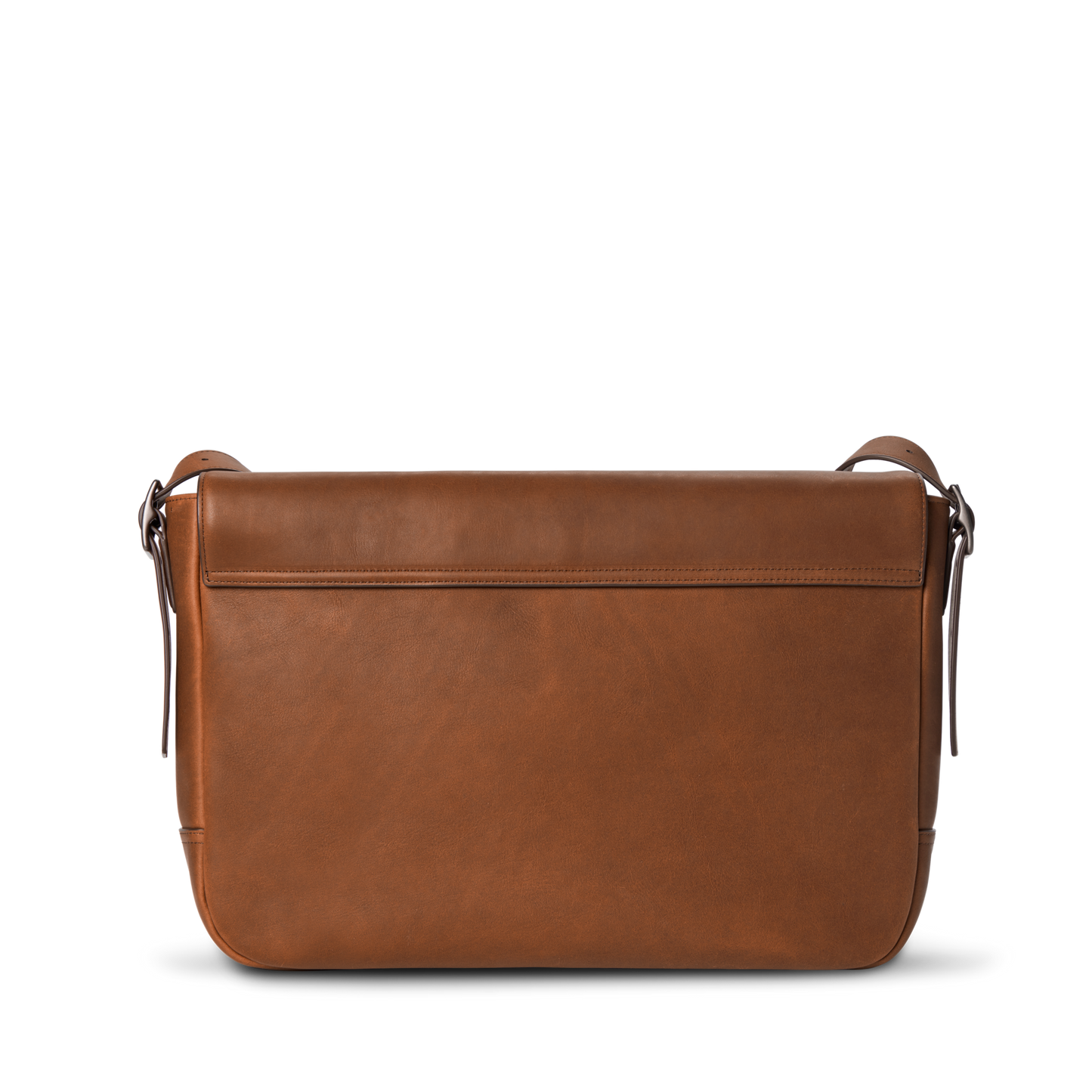 The Shinola Runwell Messenger Bag in Medium Brown is a smooth-finish leather laptop bag with a simple design, front flap, and adjustable crossbody strap, shown against a plain white background.