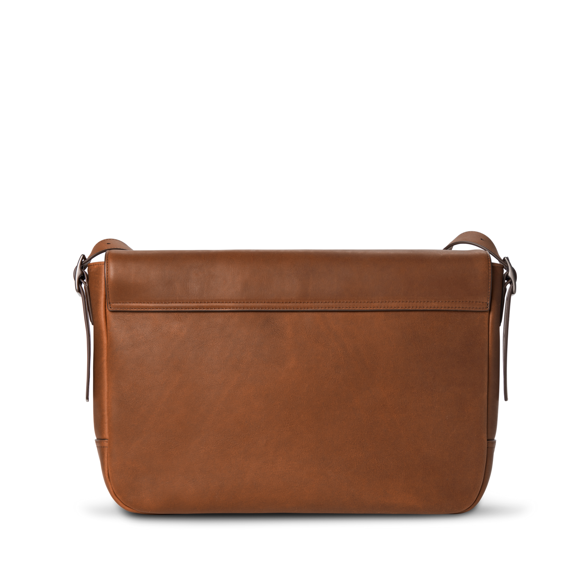 The Shinola Runwell Messenger Bag in Medium Brown is a smooth-finish leather laptop bag with a simple design, front flap, and adjustable crossbody strap, shown against a plain white background.