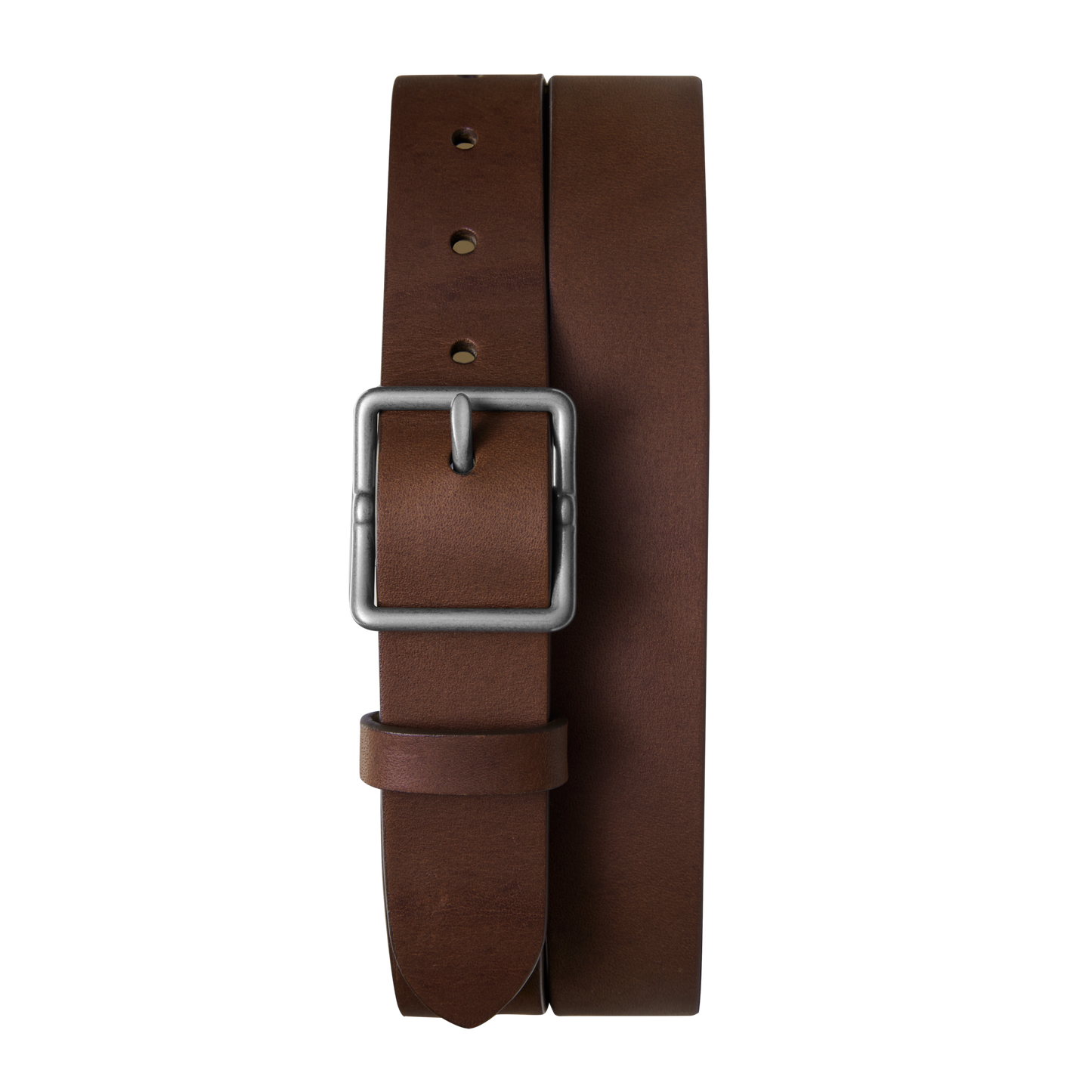 The Shinola 1 1/4" Center Bar Buckle Belt in Medium Brown is crafted from USA Heritage leather, with a square silver buckle and five adjustable holes, shown against a white background.