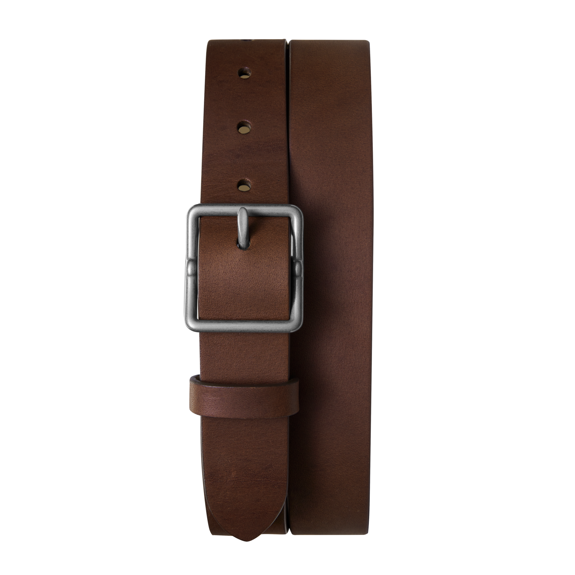 The Shinola 1 1/4" Center Bar Buckle Belt in Medium Brown is crafted from USA Heritage leather, with a square silver buckle and five adjustable holes, shown against a white background.