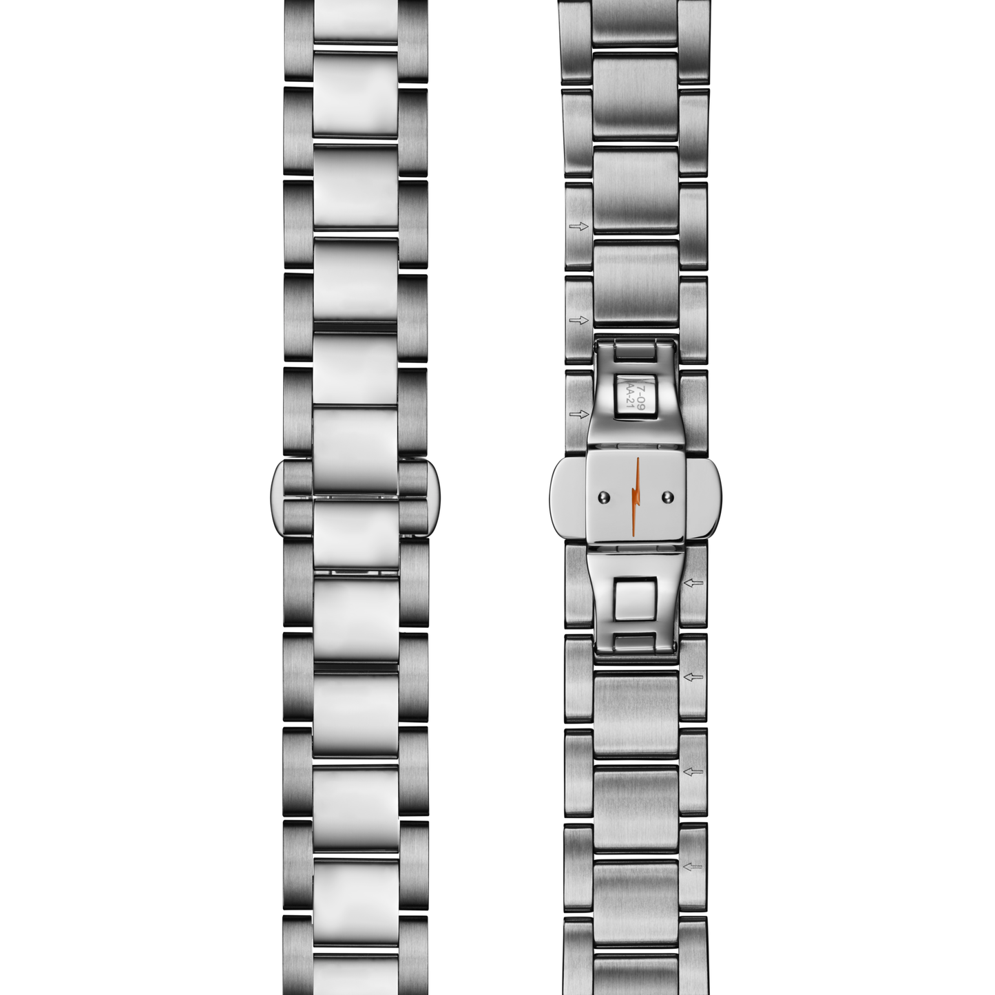 Two silver stainless-steel Shinola Runwell Watch - Cadet Blue bands are shown side by side; one reveals the smooth, shiny outer surface, while the other highlights the clasp and matte-finished inner links.