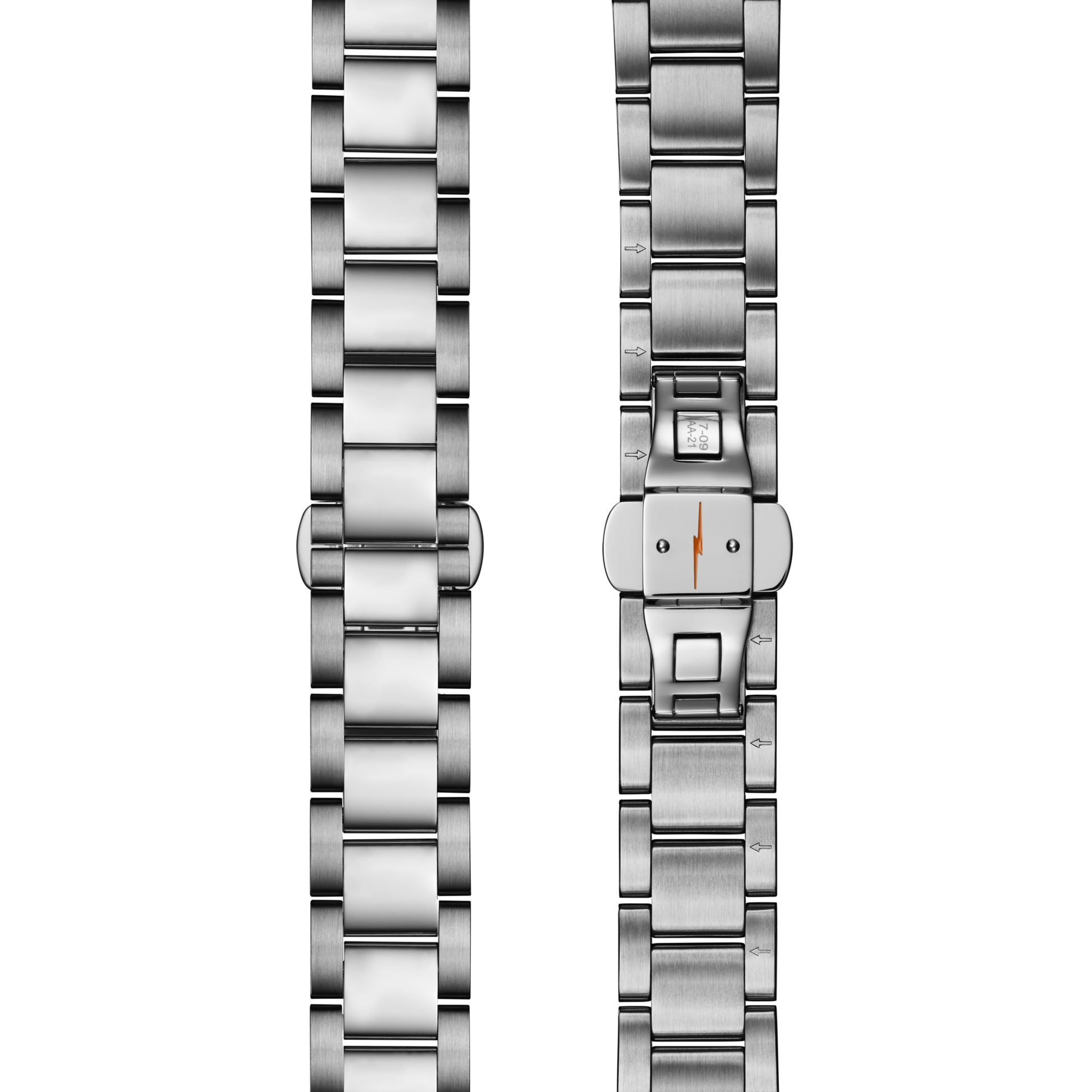 Two silver stainless-steel Shinola Runwell Watch - Cadet Blue bands are shown side by side; one reveals the smooth, shiny outer surface, while the other highlights the clasp and matte-finished inner links.