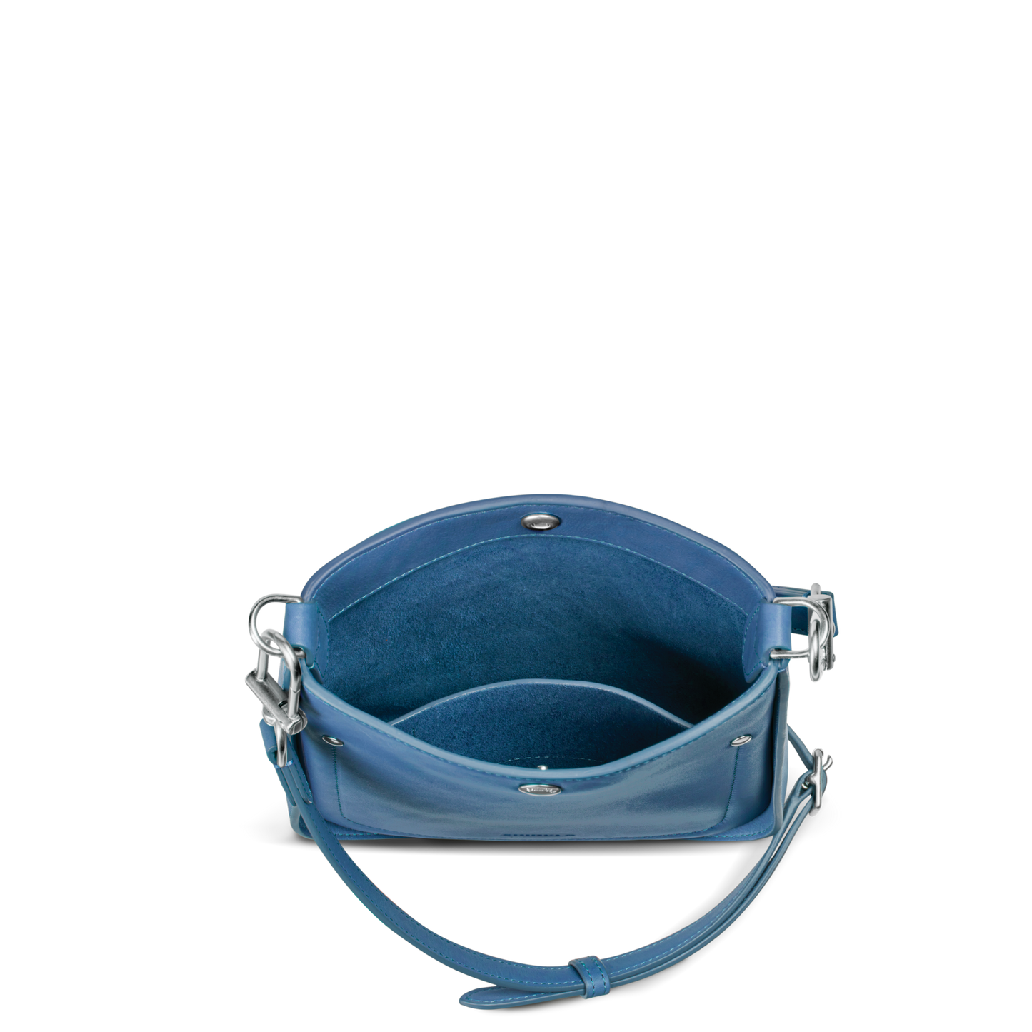 The Shinola Mini Pocket Crossbody Bag - River features blue leather, silver hardware, and an adjustable strap. Its compact design includes a blue suede-lined interior with an inner pocket, making it a versatile accessory for any occasion.