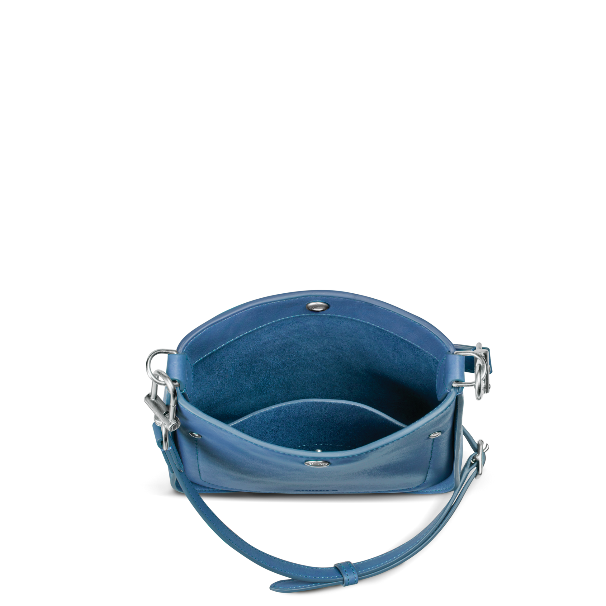 The Shinola Mini Pocket Crossbody Bag - River features blue leather, silver hardware, and an adjustable strap. Its compact design includes a blue suede-lined interior with an inner pocket, making it a versatile accessory for any occasion.