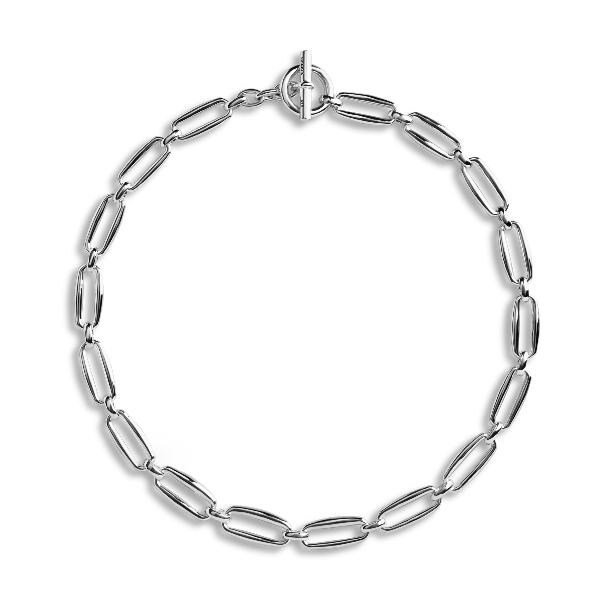 The Shinola Signature Chunky Link Necklace in sterling silver features elongated oval links and a toggle clasp, shown on a plain white background.