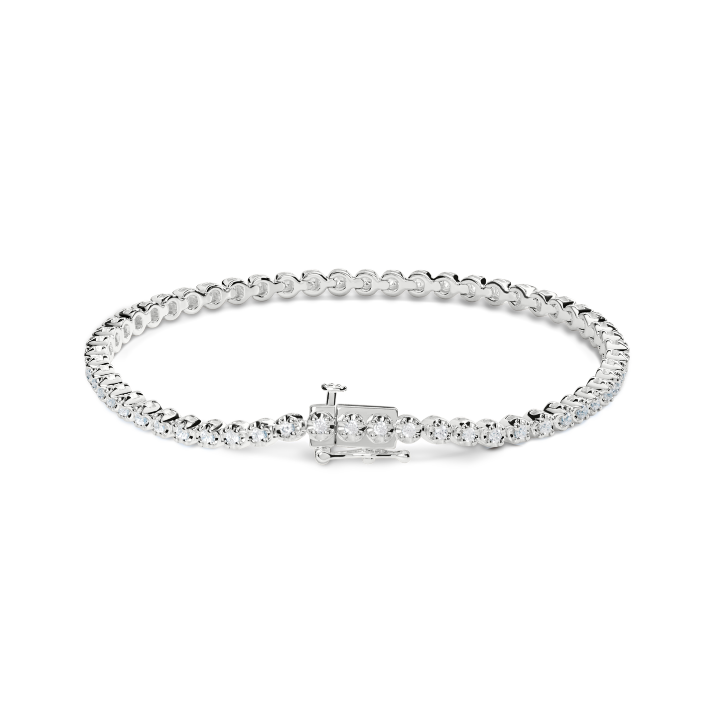 The Shinola 1 Carat 7" Diamond Tennis Bracelet in white gold showcases a single row of round brilliant cut diamonds and a secure clasp, displayed against a plain white background.