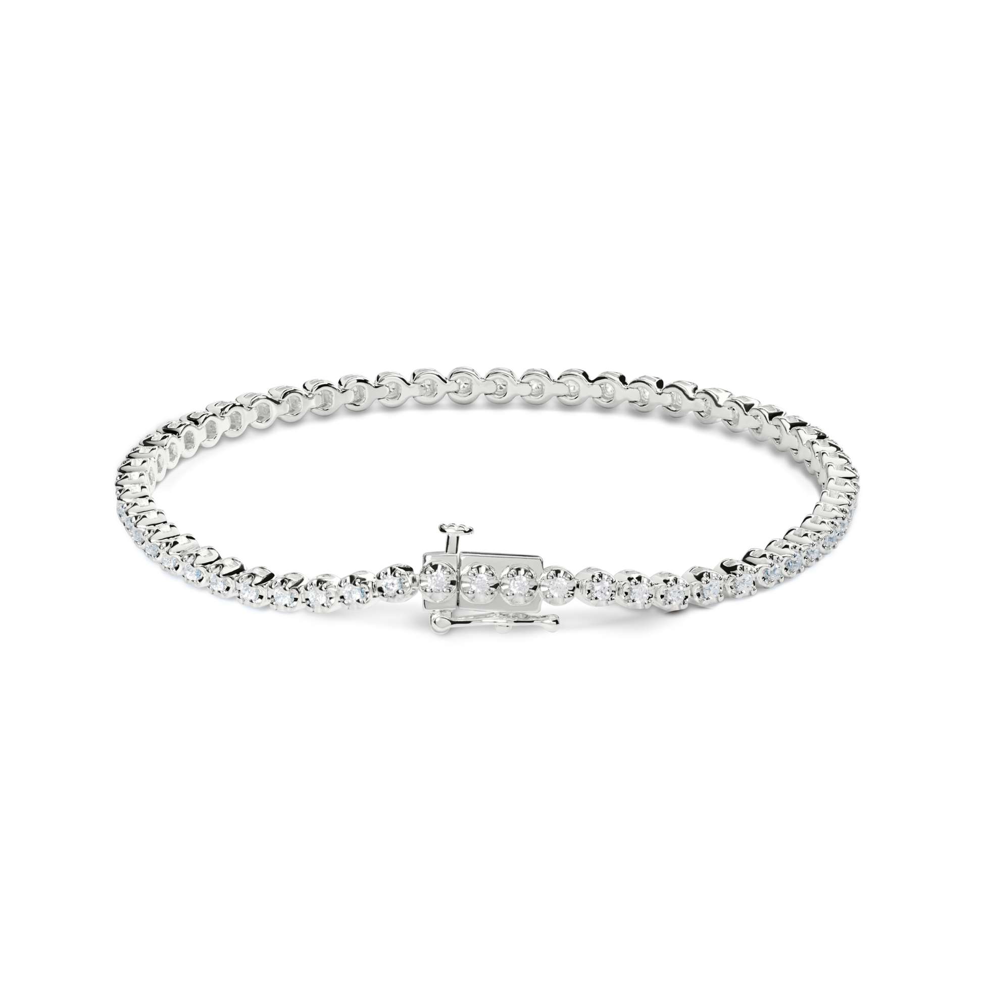 The Shinola 1 Carat 7" Diamond Tennis Bracelet in white gold showcases a single row of round brilliant cut diamonds and a secure clasp, displayed against a plain white background.