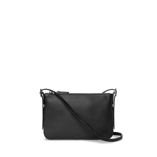 The Shinola Small Bixby Crossbody - Black is a slim natural leather bag with a zipper closure and adjustable strap, making it an ideal everyday accessory. Shown here against a plain white background.