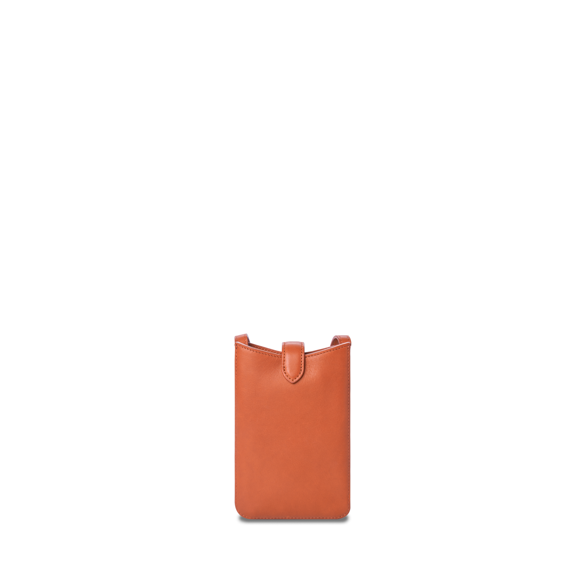 The Shinola Bixby Phone Crossbody in Rust, a small rectangular leather pouch with a rounded flap and tab closure, is centered against a plain white background.
