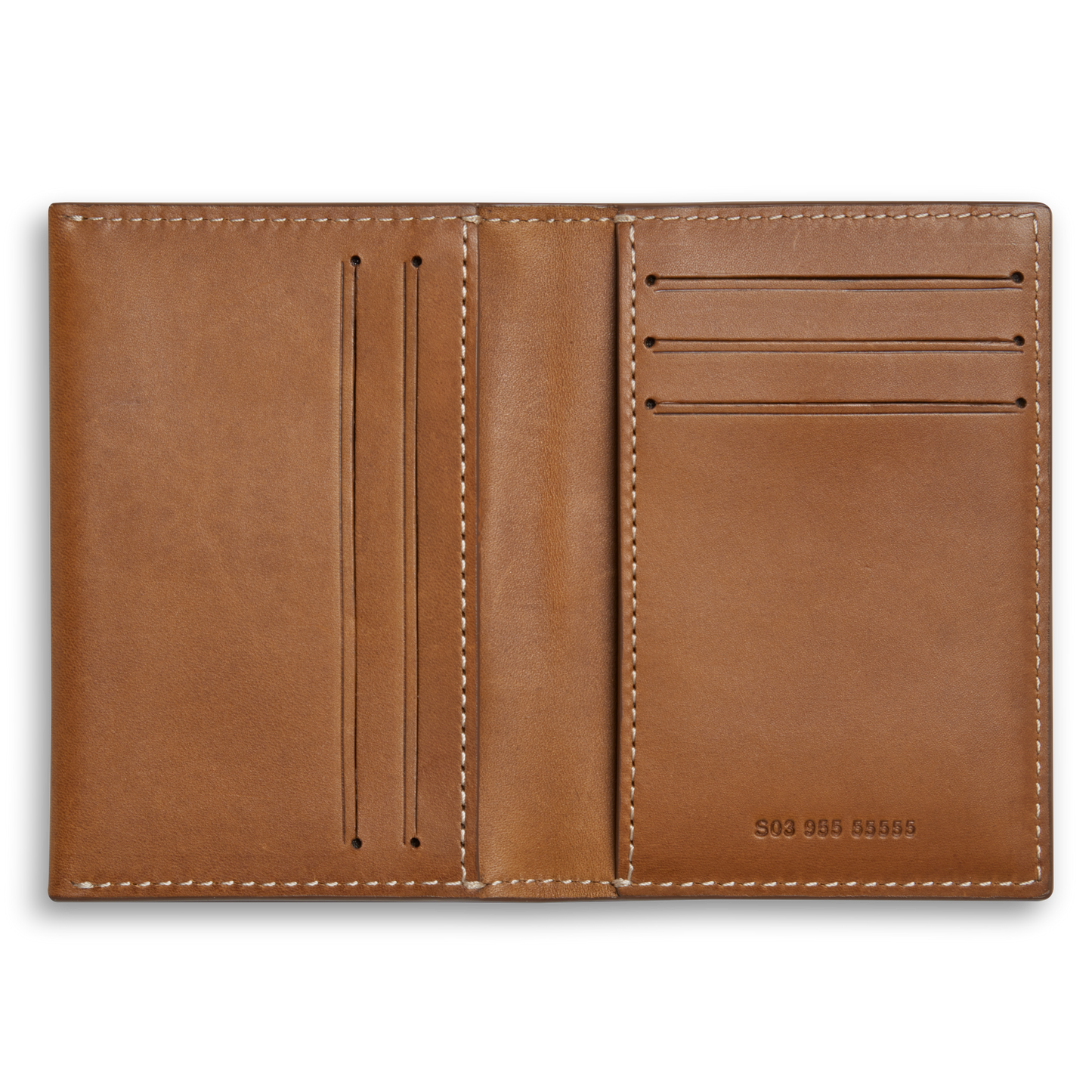The Shinola Folded Card Holder Wallet in tan Italian Vachetta leather features stitched edges, multiple card slots, and embossed numbers in the bottom right corner.