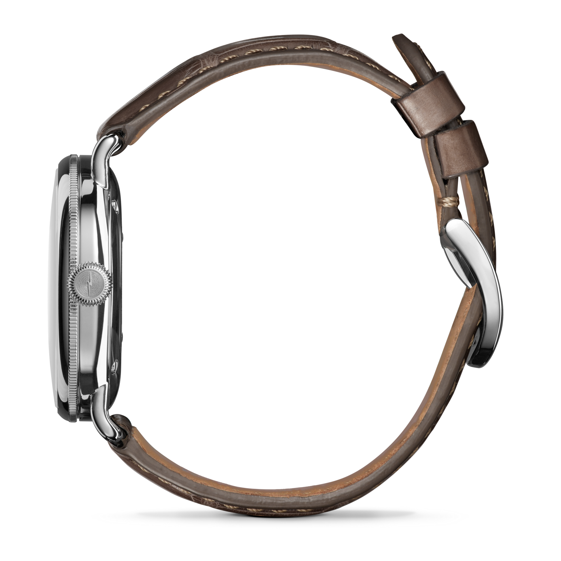 A side view of the Shinola Canfield Watch with a 38mm round silver case, textured crown, and gray brown American alligator leather strap with visible stitching and buckle, shown upright against a white background.