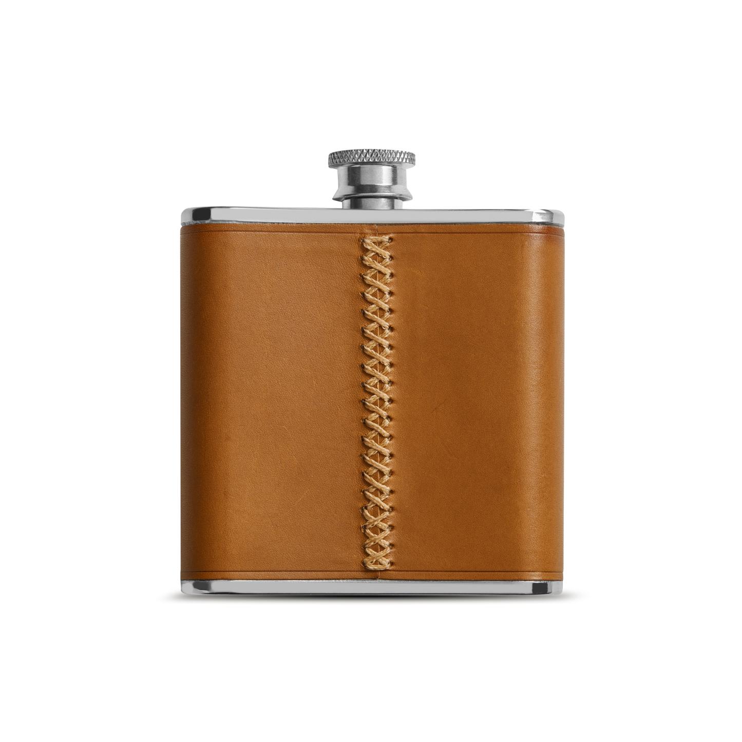 The Shinola Leather Wrapped Flask - Tan features a stainless steel body wrapped in tan Italian Vachetta leather with decorative center stitching, shown against a plain white background.